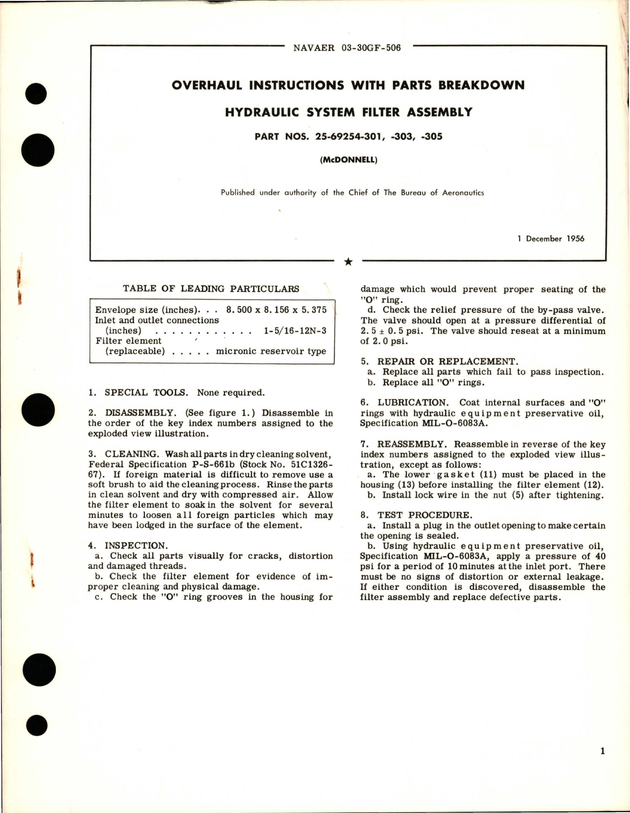 Sample page 1 from AirCorps Library document: Overhaul Instructions with Parts Breakdown for Hydraulic System Filter Assembly - Parts 25-69254-301, 25-69254-303, and 25-69254-305