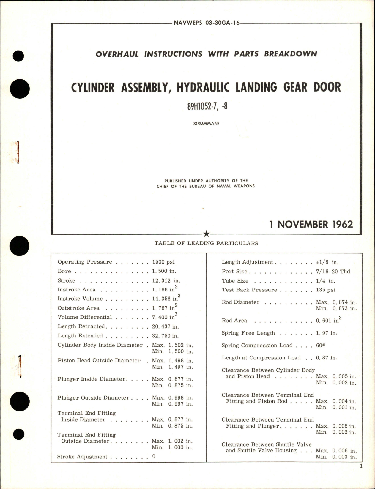Sample page 1 from AirCorps Library document: Overhaul Instructions with Parts Breakdown for Hydraulic Gear Door Cylinder Assembly - 89H1052-7 and 89H1052-8