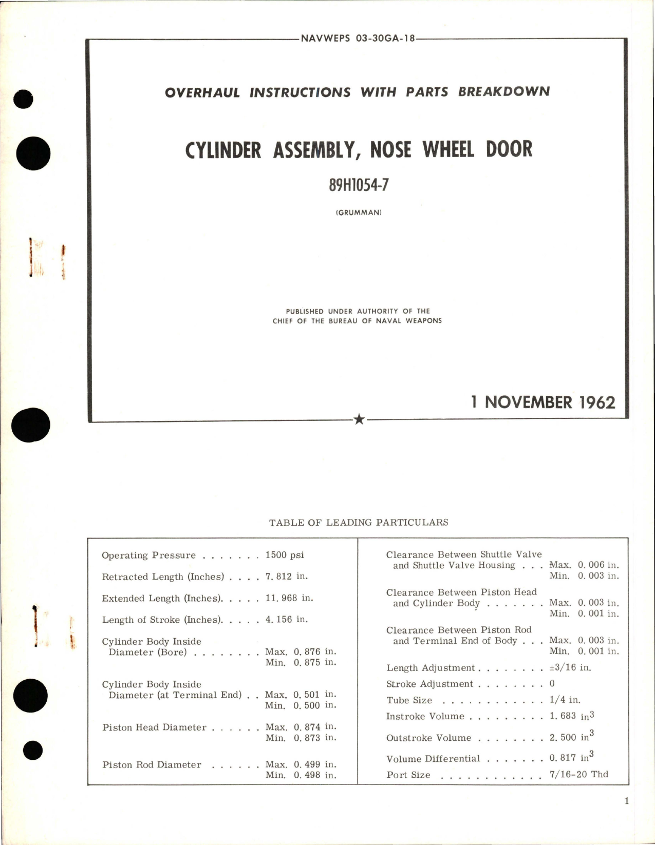 Sample page 1 from AirCorps Library document: Overhaul Instructions with Parts Breakdown for Nose Wheel Door Cylinder Assembly - 89H1054-7