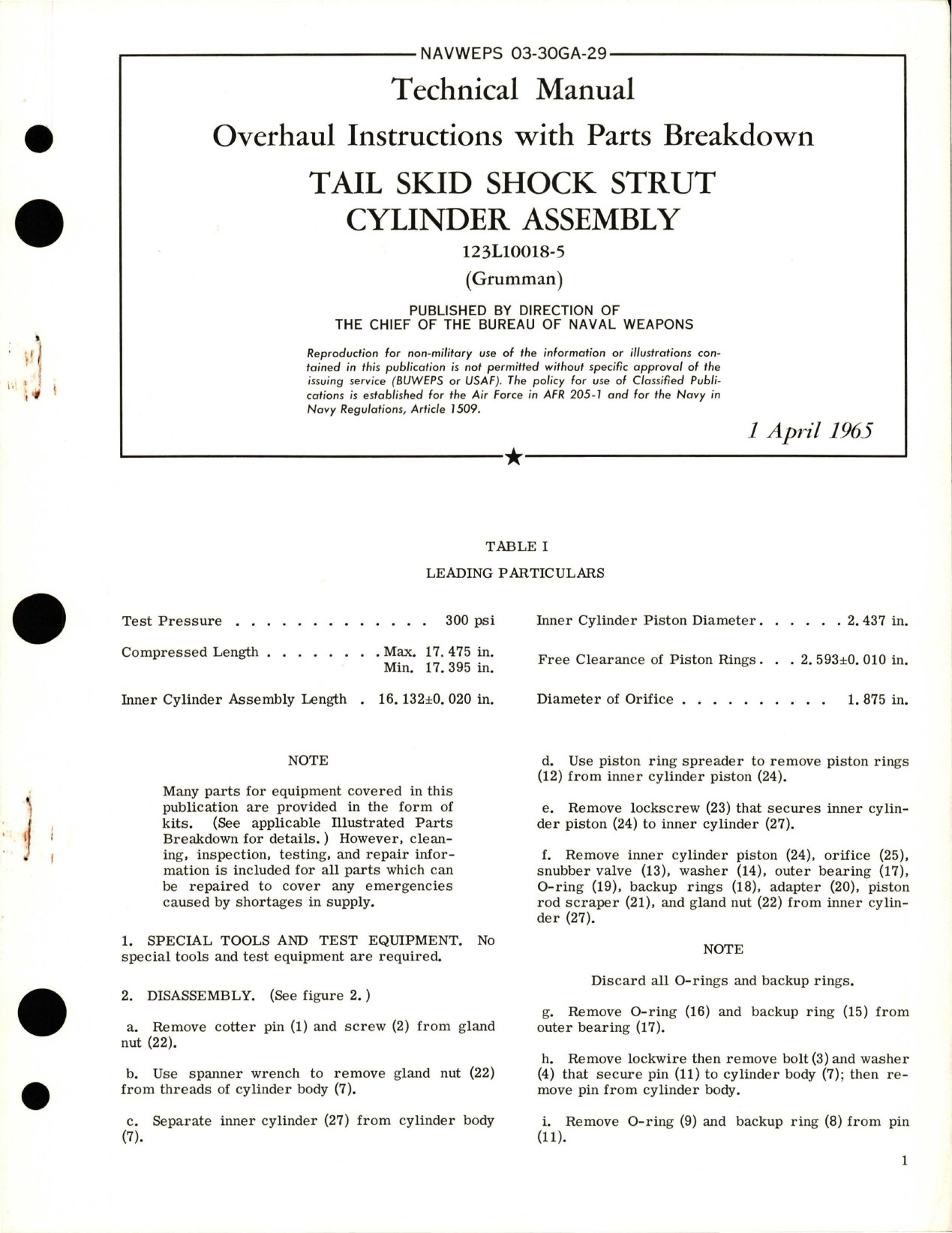 Sample page 1 from AirCorps Library document: Overhaul Instructions with Parts for Tail Skid Shock Strut Cylinder Assembly - 123L10018-5