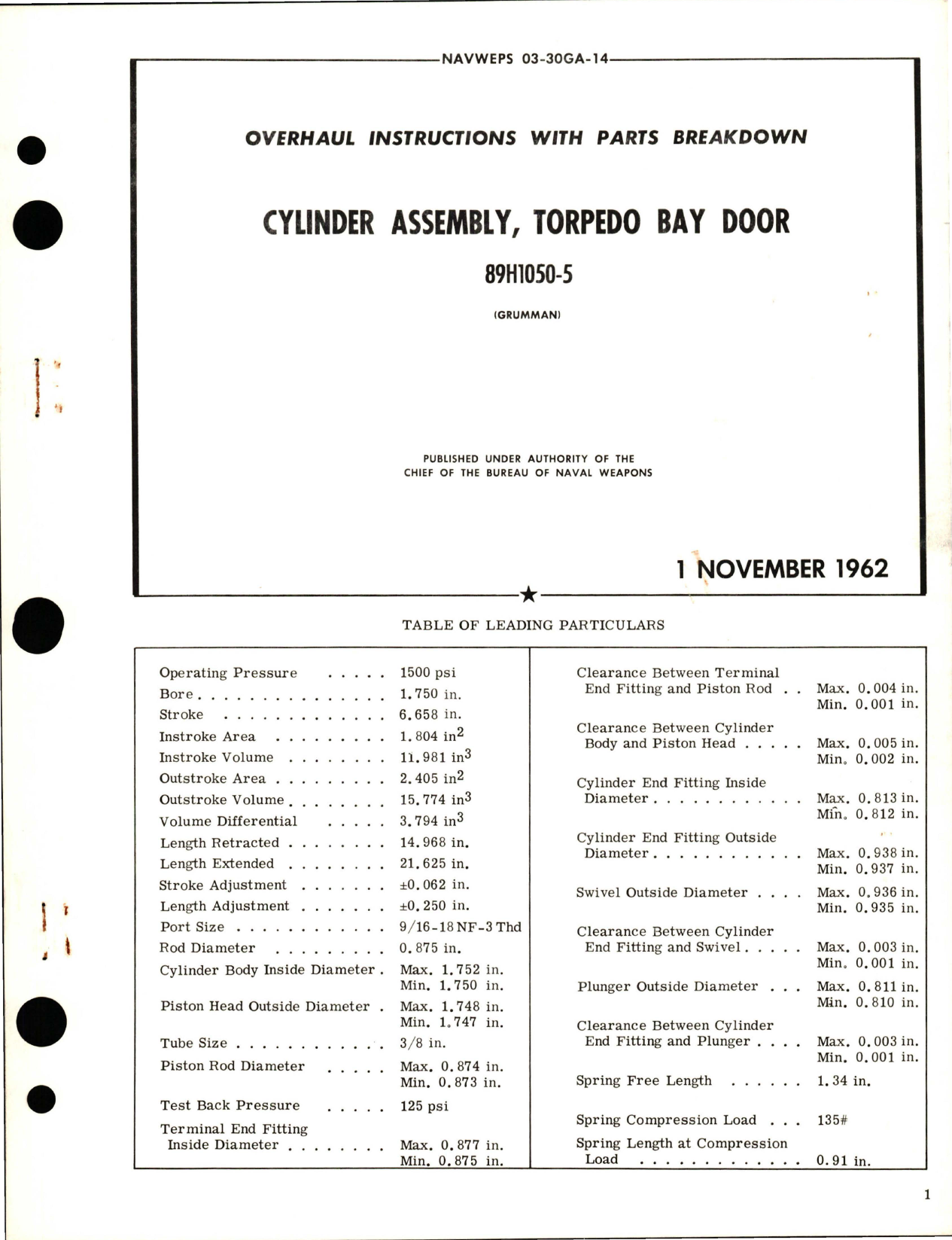 Sample page 1 from AirCorps Library document: Overhaul Instructions with Parts Breakdown for Torpedo Bay Door Cylinder Assembly - 89H1050-5