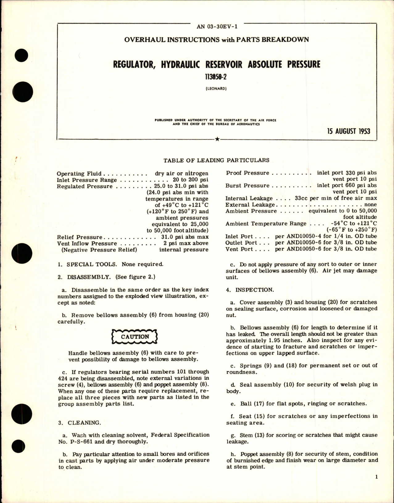 Sample page 1 from AirCorps Library document: Overhaul Instructions with Parts Breakdown for Hydraulic Reservoir Absolute Pressure Regulator - 113050-2 