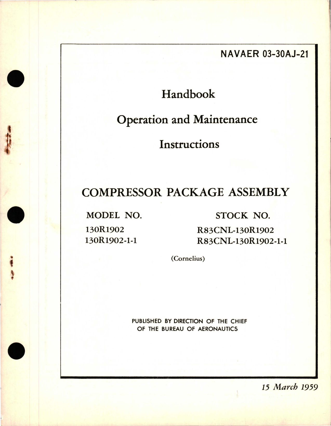Sample page 1 from AirCorps Library document: Operation and Maintenance Instructions for Compressor Package Assembly - Models 130R1902 and 130R1902-1-1