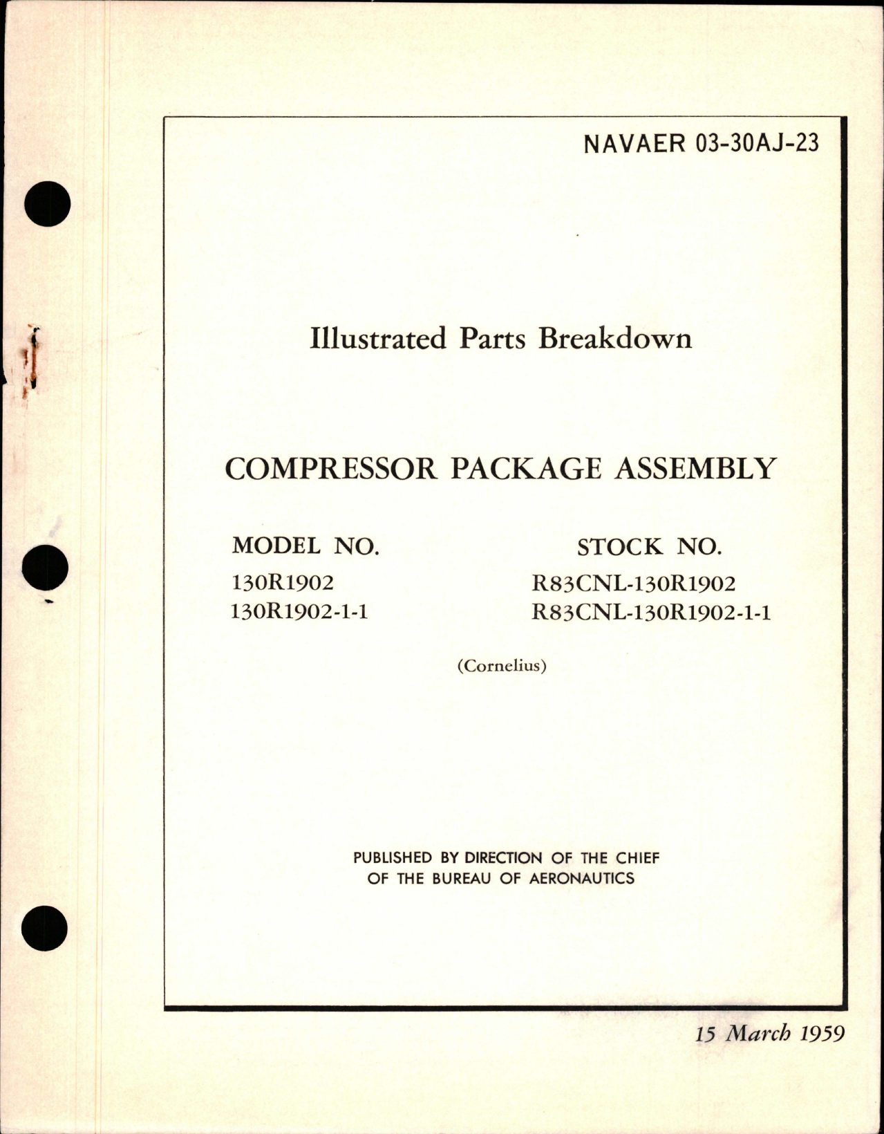 Sample page 1 from AirCorps Library document: Illustrated Parts Breakdown for Compressor Package Assembly - Models 130R1902 and 130R1902-1-1