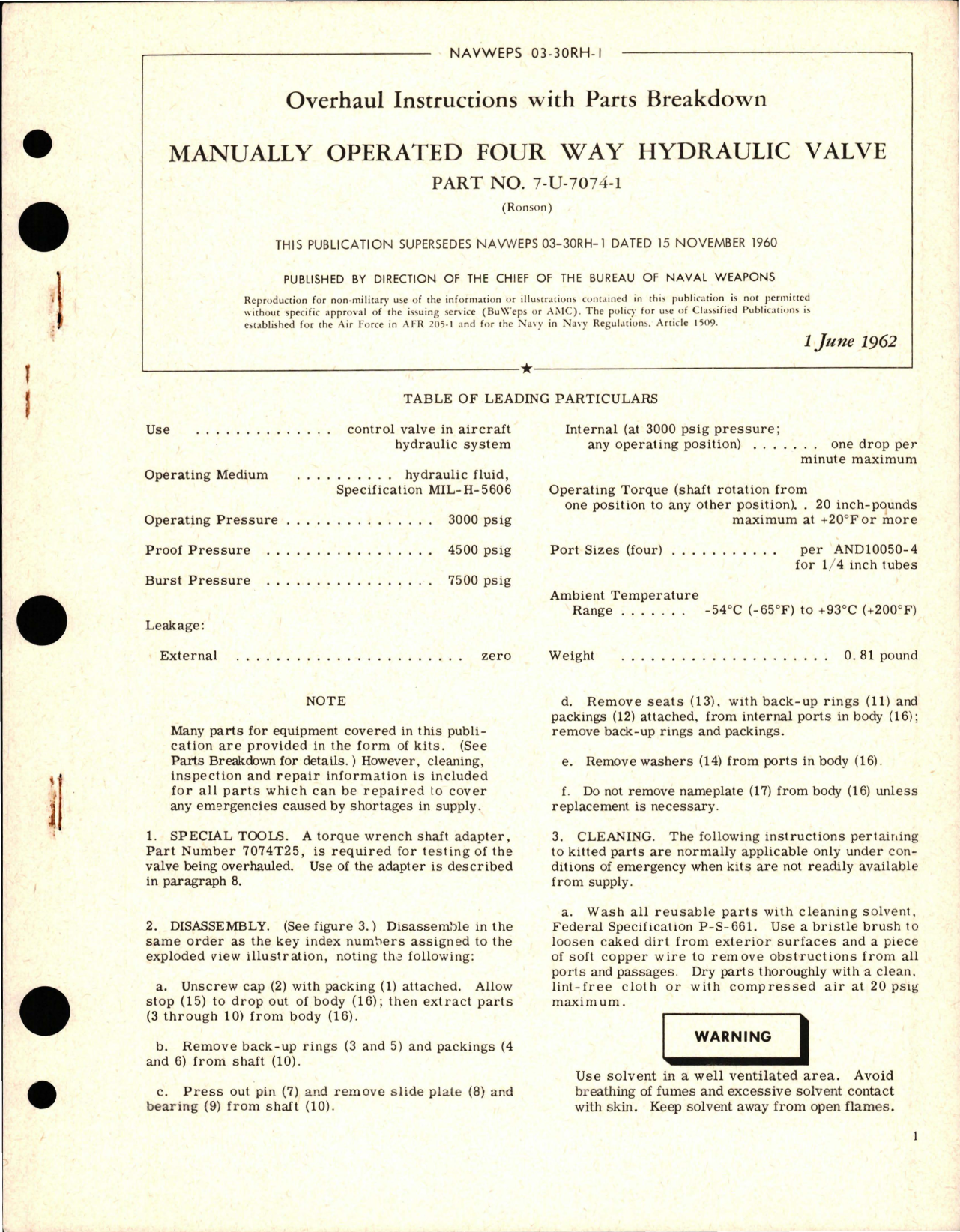 Sample page 1 from AirCorps Library document: Overhaul Instructions with Parts Breakdown for Manually Operated Four Way Hydraulic Valve - Part 7-U-7074-1