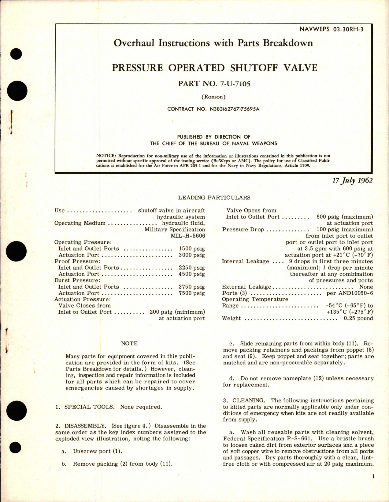 Sample page 1 from AirCorps Library document: Overhaul Instructions with Parts Breakdown for Pressure Operated Shutoff Valve - Part 7-U-7105 