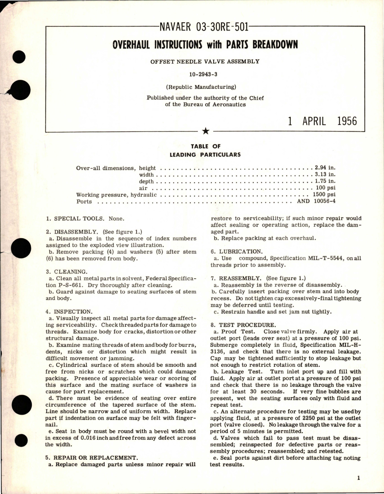 Sample page 1 from AirCorps Library document: Overhaul Instructions with Parts Breakdown for Offset Needle Valve Assembly - 10-2943-3