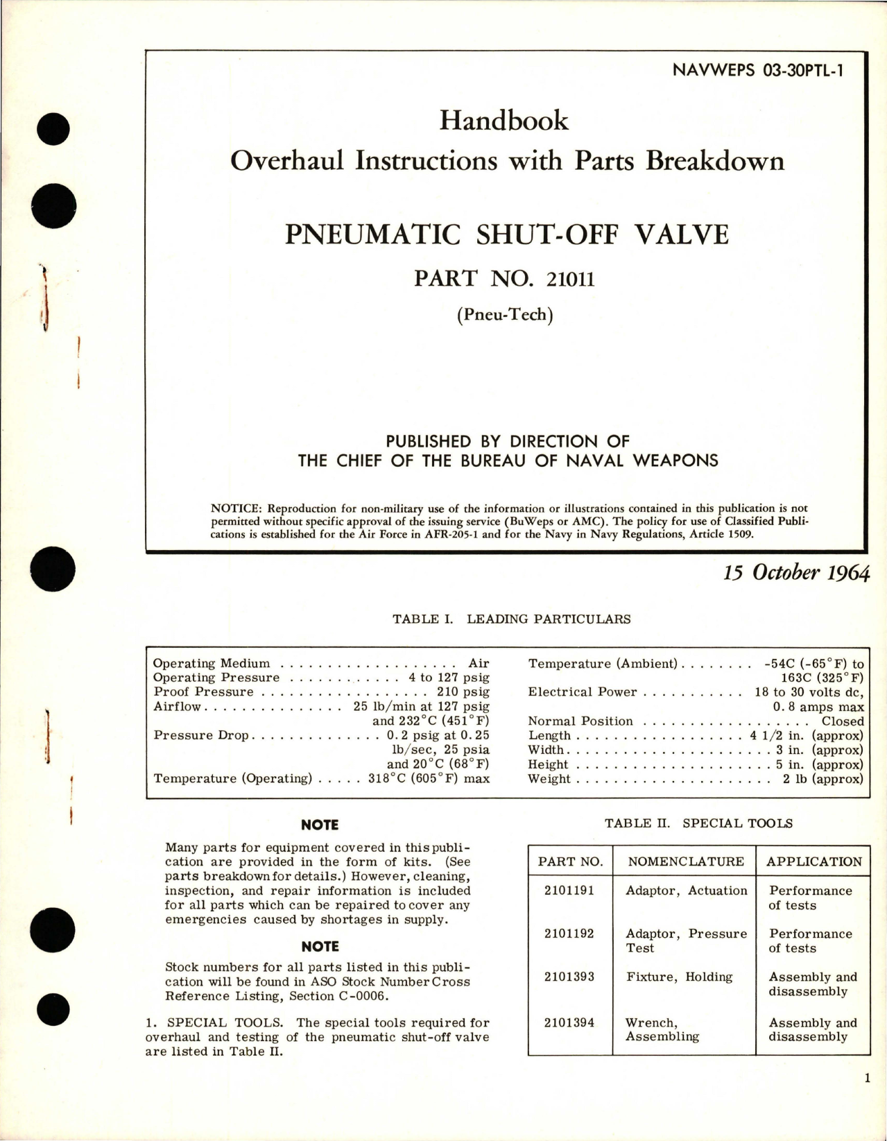 Sample page 1 from AirCorps Library document: Overhaul Instructions with Parts Breakdown for Pneumatic Shut-Off Valve - Part 21011