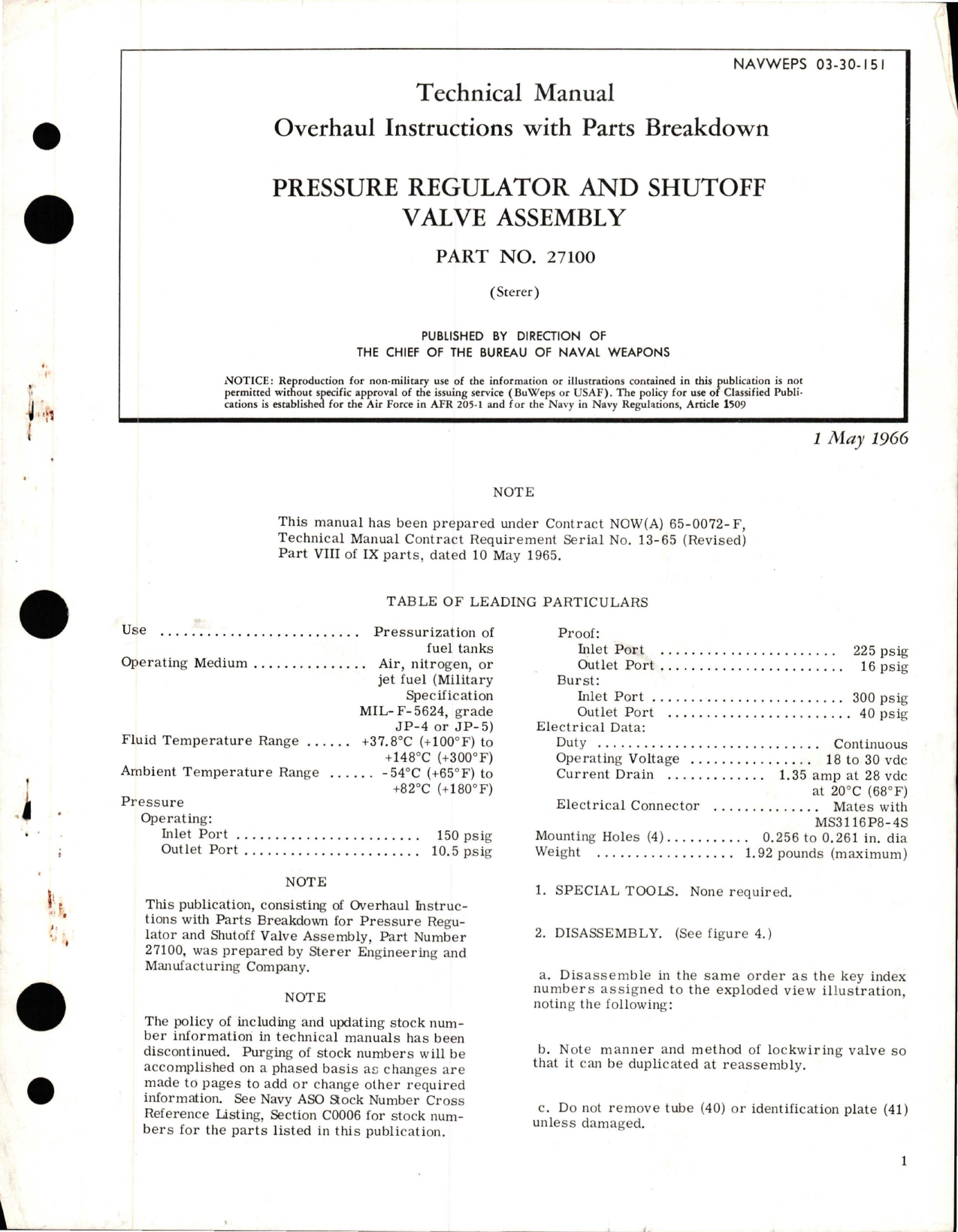 Sample page 1 from AirCorps Library document: Overhaul Instructions with Parts Breakdown for Pressure Regulator & Shutoff Valve Assembly - Part 27100