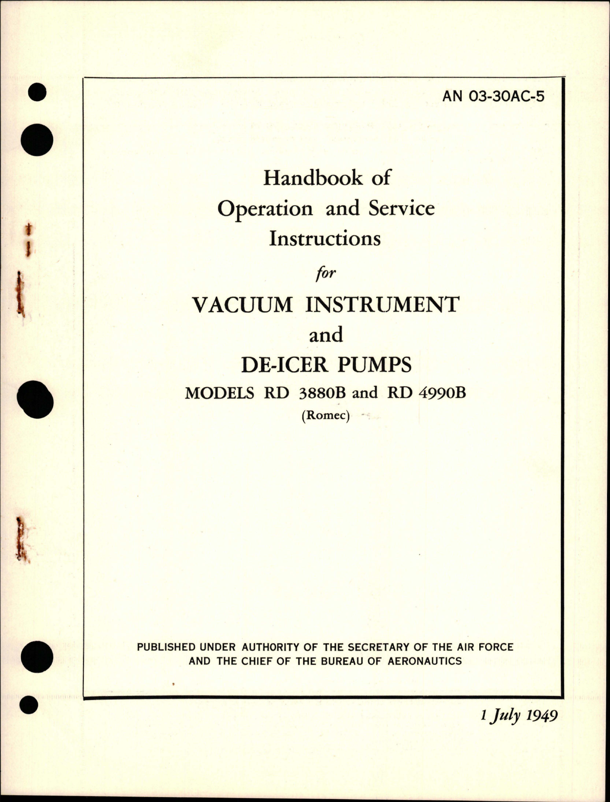 Sample page 1 from AirCorps Library document: Operation and Service Instructions for Vacuum Instrument & De-Icer Pumps - Models RD 3880B and RD 4990B