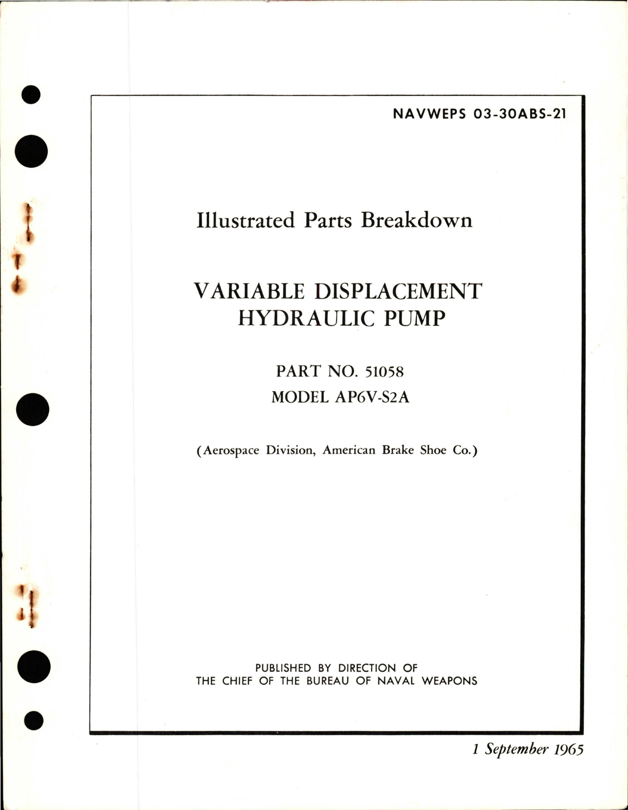 Sample page 1 from AirCorps Library document: Illustrated Parts Breakdown for Variable Displacement Hydraulic Pump - Part 51058 - Model AP6V-S2A