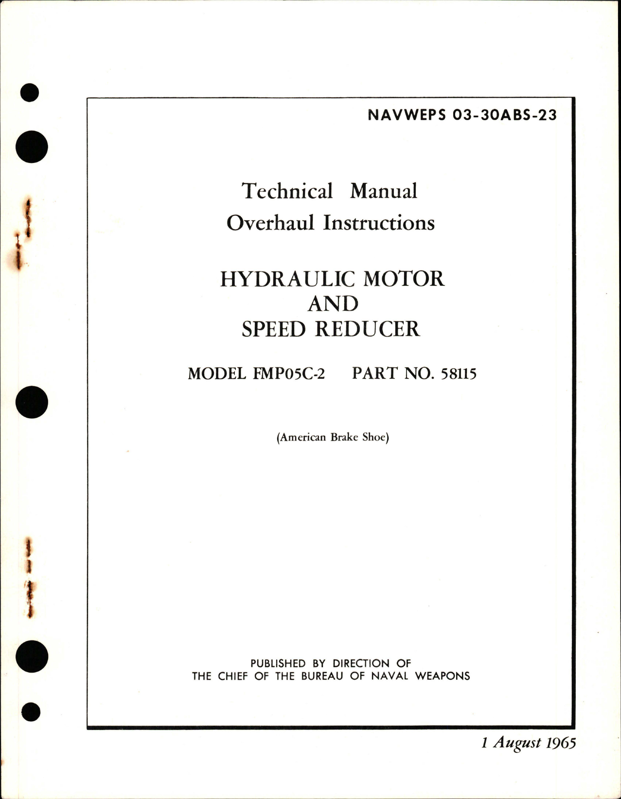 Sample page 1 from AirCorps Library document: Overhaul Instructions for Hydraulic Motor and Speed Reducer - Model FMP05C-2, Part 58115 