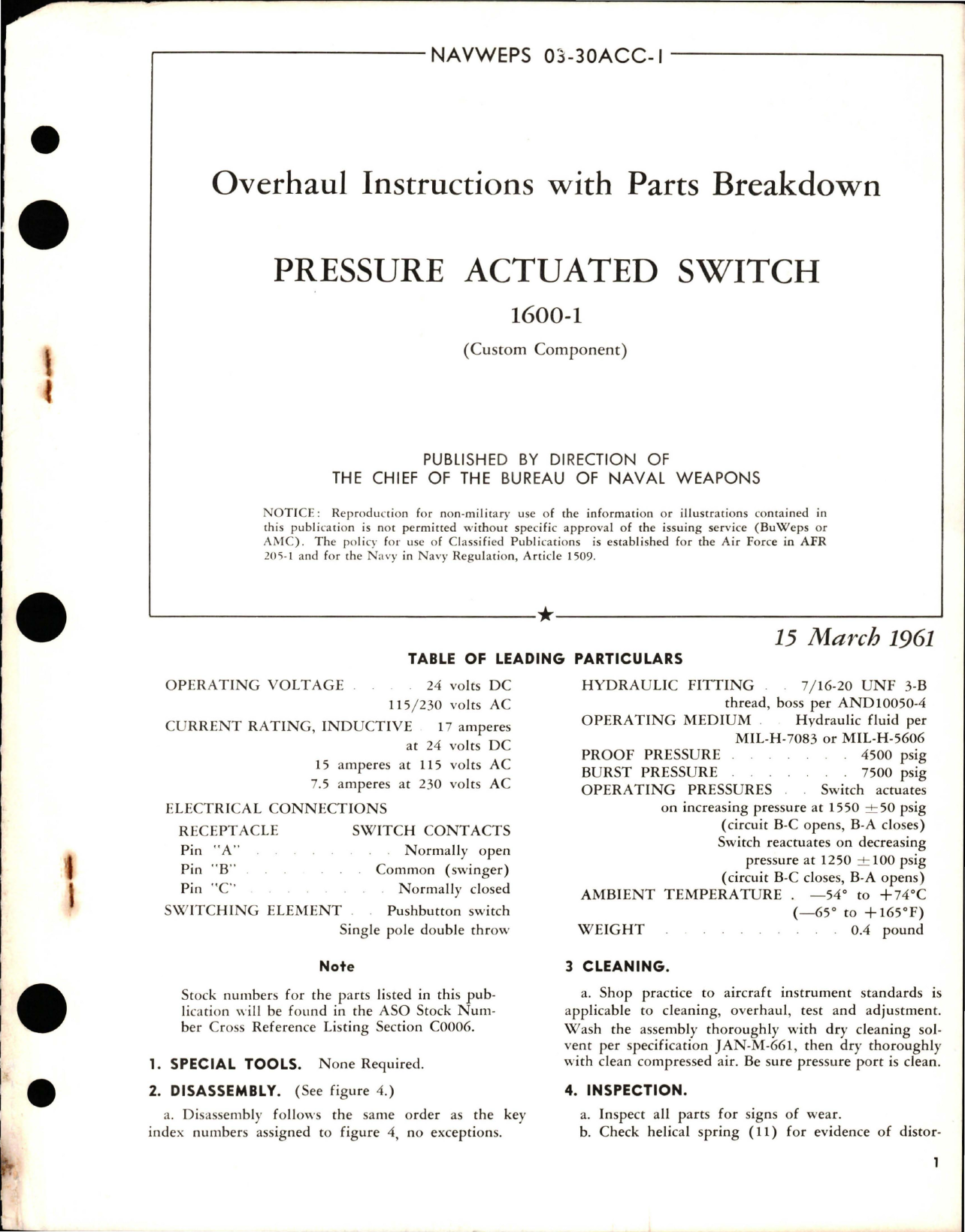 Sample page 1 from AirCorps Library document: Overhaul Instructions with Parts Breakdown for Pressure Actuated Switch - 1600-1 