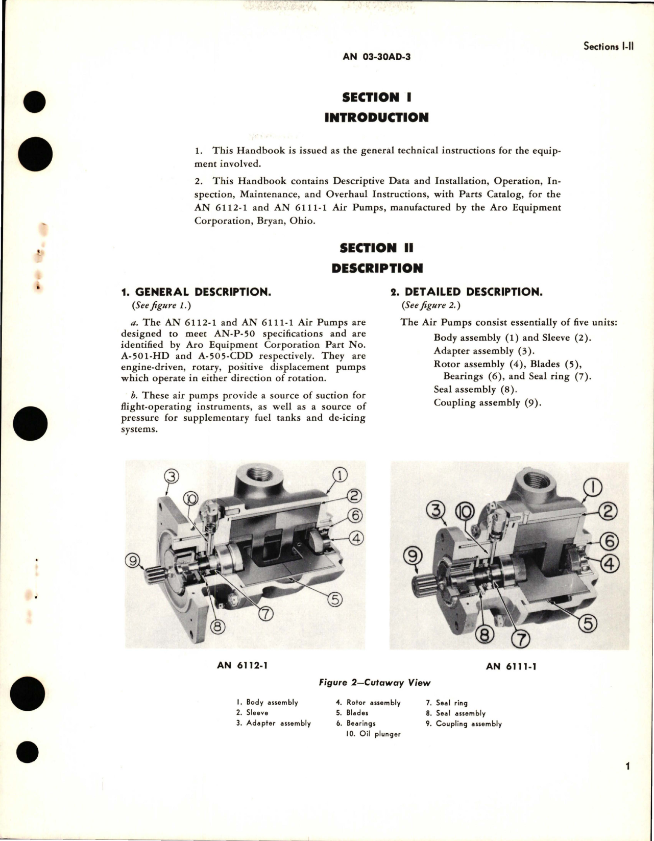 Sample page 5 from AirCorps Library document: Operation, Service and Overhaul Instructions with Parts Catalog for Air Pumps - Types AN6111-1 and AN6112-1 