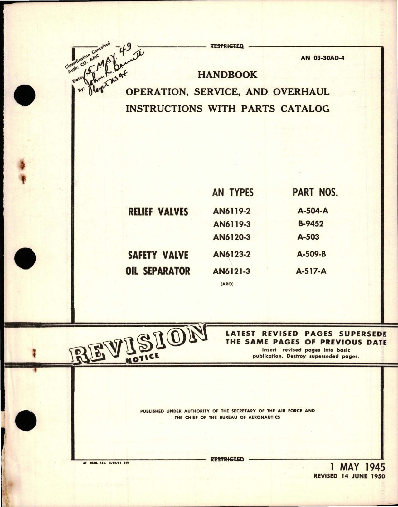 Sample page 1 from AirCorps Library document: Operation, Service and Overhaul Instructions with Parts Catalog for Relief Valves, Safety Valve Oil Separator 