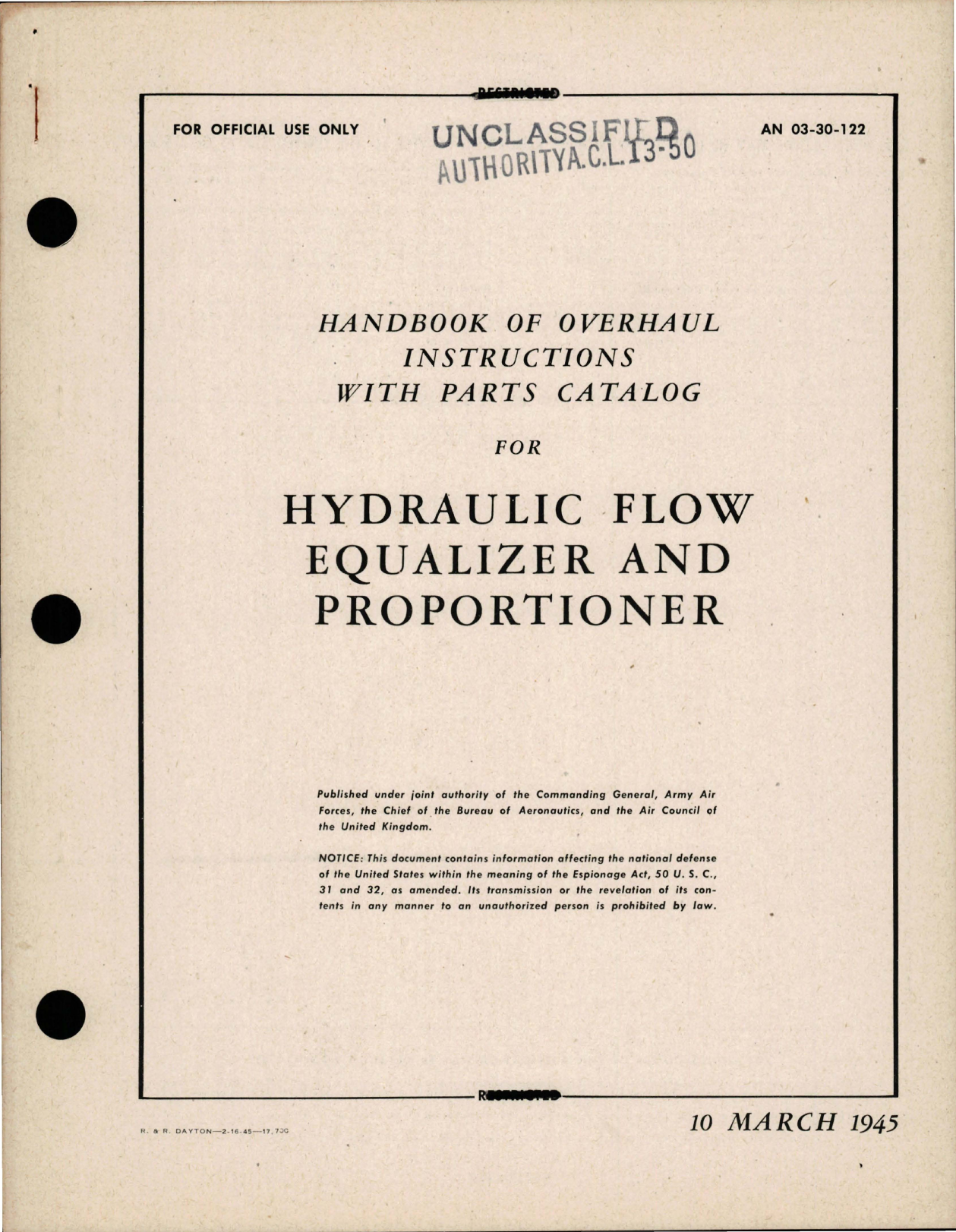 Sample page 1 from AirCorps Library document: Overhaul Instructions with Parts Catalog for Hydraulic Flow Equalizer & Proportioner