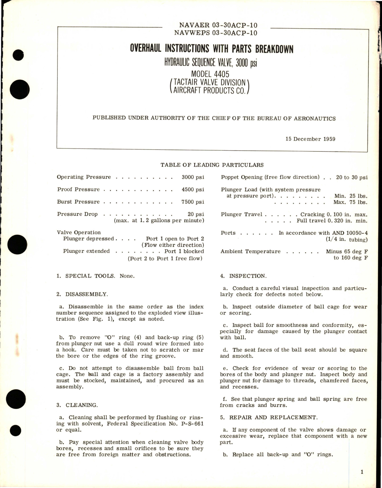 Sample page 1 from AirCorps Library document: Overhaul Instructions with Parts Breakdown for Hydraulic Sequence Valve - 3000 PSI - Model 4405