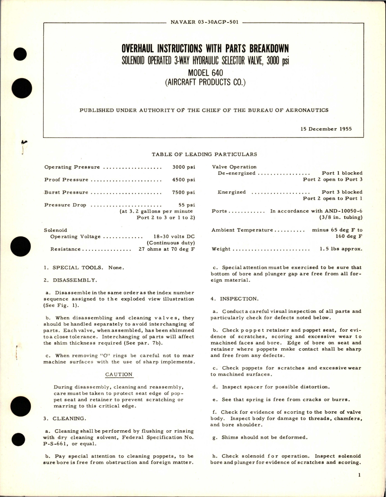 Sample page 1 from AirCorps Library document: Overhaul Instructions with Parts Breakdown for Solenoid Operated 3-Way Hydraulic Selector Valve - 3000 PSI - Model 640