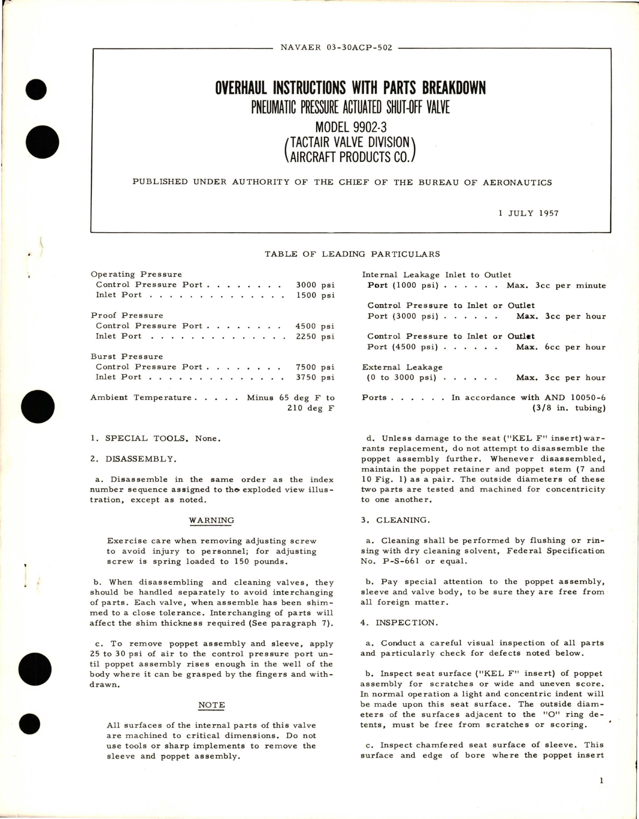 Sample page 1 from AirCorps Library document: Overhaul Instructions with Parts Breakdown for Pneumatic Pressure Actuated Shut-Off Valve - Model 9902-3