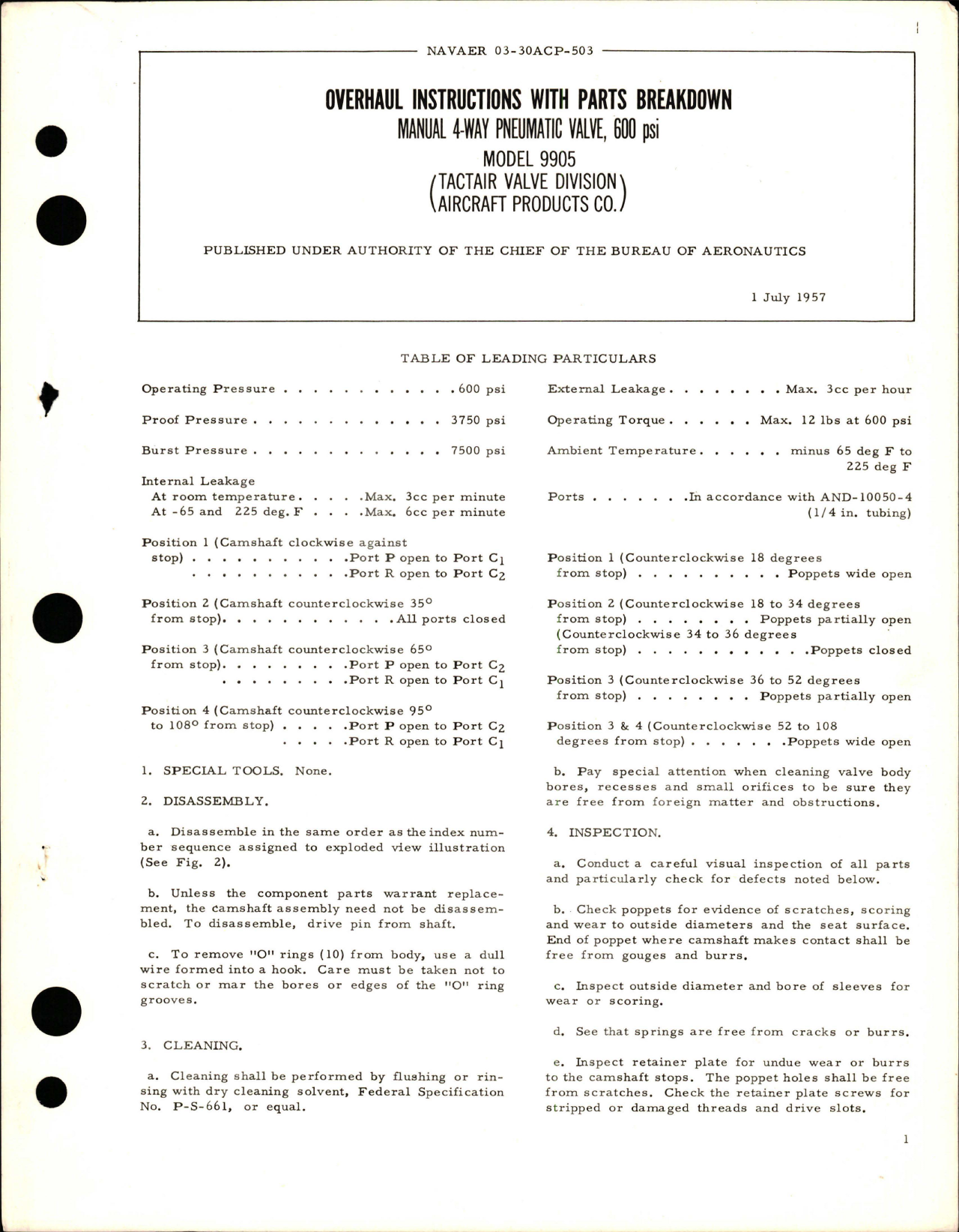 Sample page 1 from AirCorps Library document: Overhaul Instructions with Parts Breakdown for Manual 4-Way Pneumatic Valve - 600PSI - Model 9905