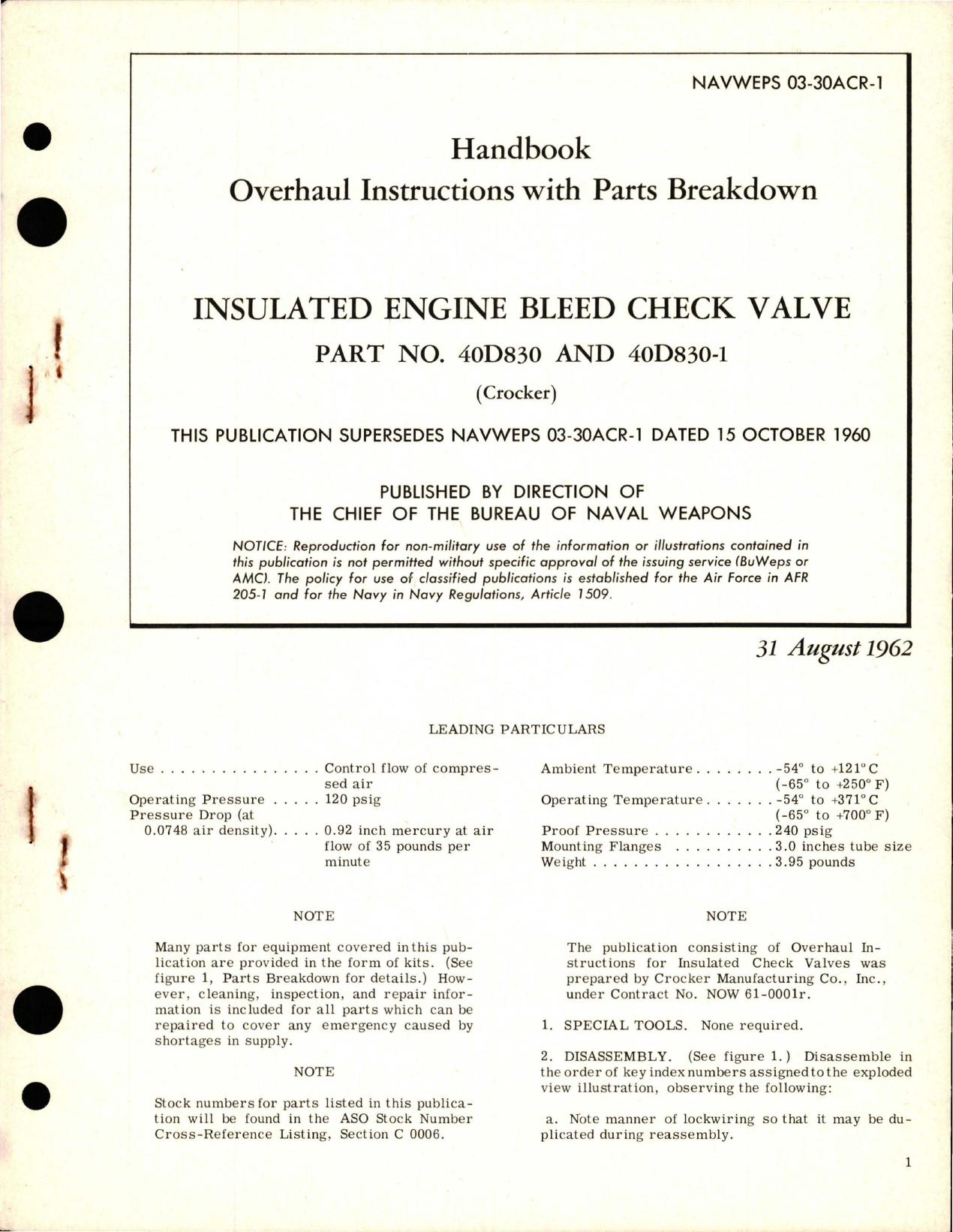 Sample page 1 from AirCorps Library document: Overhaul Instructions with Parts Breakdown for Insulated Engine Bleed Check Valve - Part 40D830 and 40D830-1 