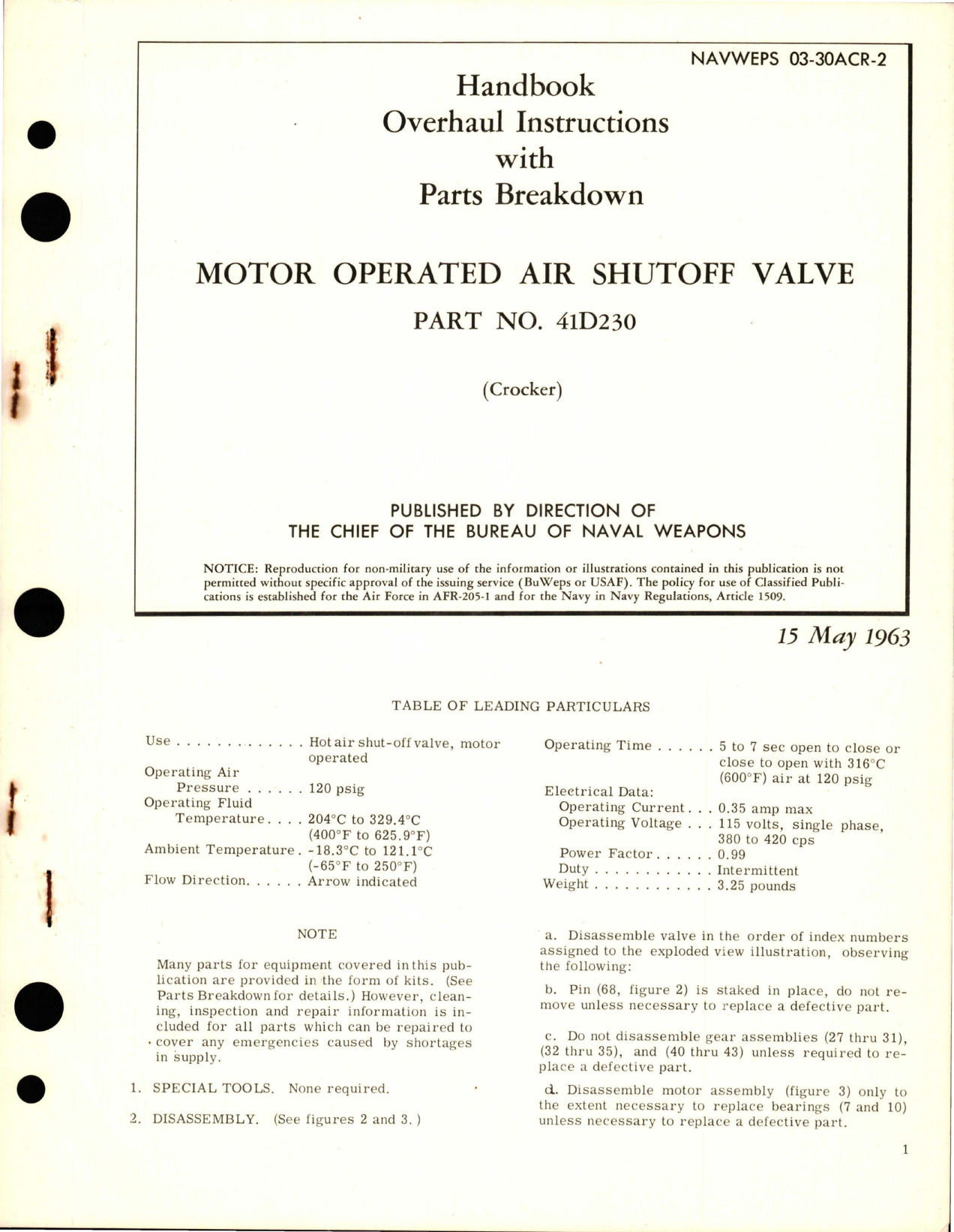 Sample page 1 from AirCorps Library document: Overhaul Instructions with Parts Breakdown for Motor Operated Air Shutoff Valve - Part 41D230