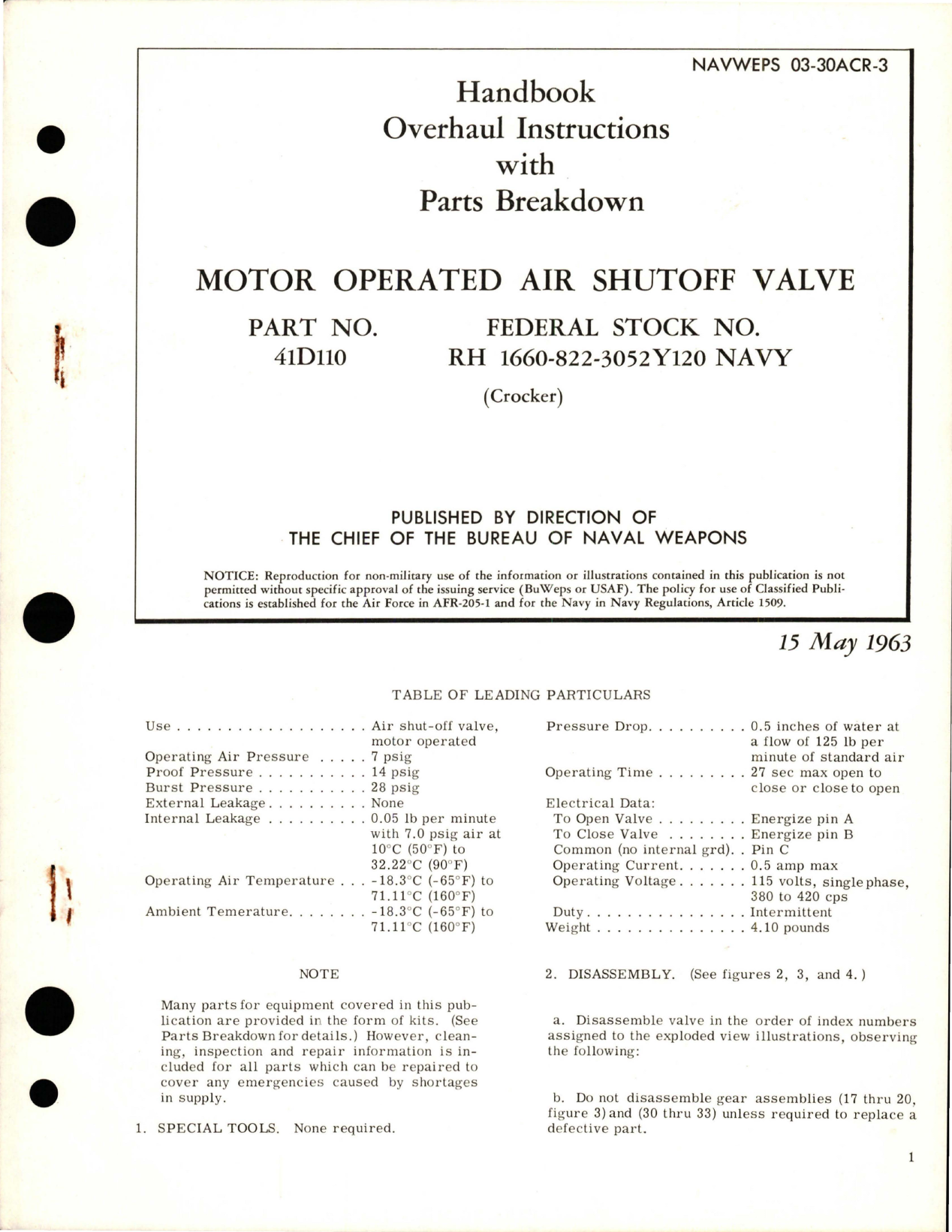 Sample page 1 from AirCorps Library document: Overhaul Instructions with Parts Breakdown for Motor Operated Air Shutoff Valve - Part 41D110 