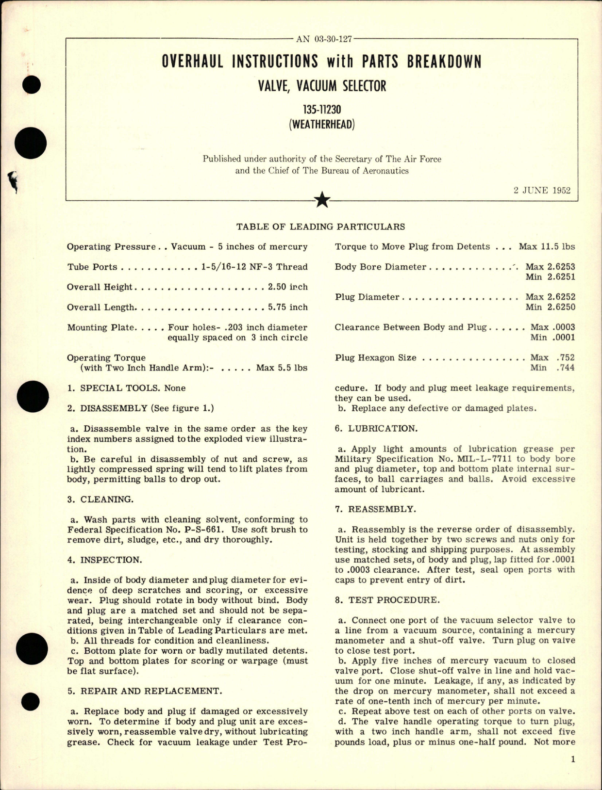 Sample page 1 from AirCorps Library document: Overhaul Instructions with Parts Breakdown for Vacuum Selector Valve - 135-11230