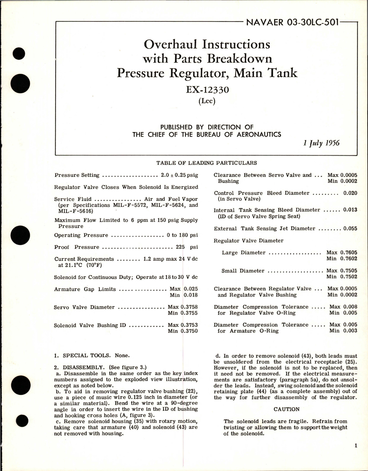 Sample page 1 from AirCorps Library document: Overhaul Instructions with Parts Breakdown for Main Tank Pressure Regulator - EX-12330 