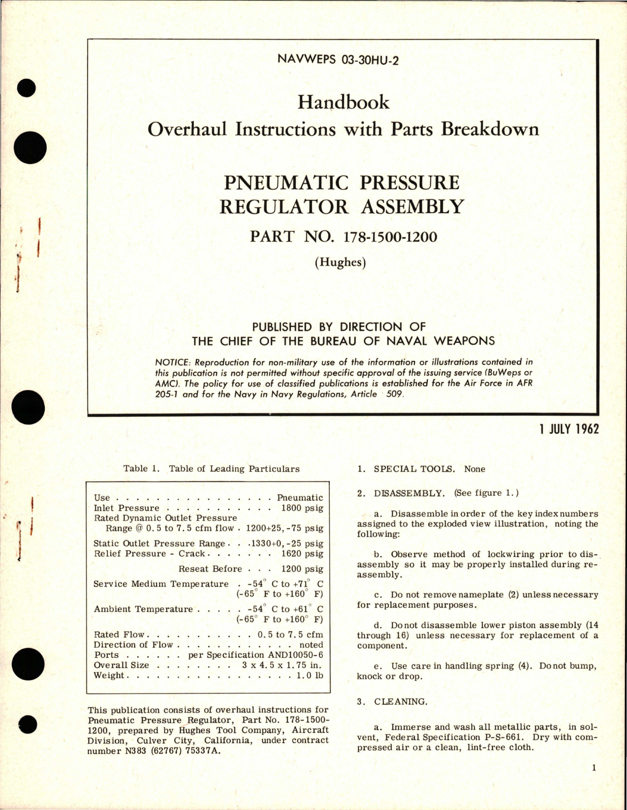 Sample page 1 from AirCorps Library document: Overhaul Instructions with Parts Breakdown for Pneumatic Pressure Regulator Assembly - Part 178-1500-1200
