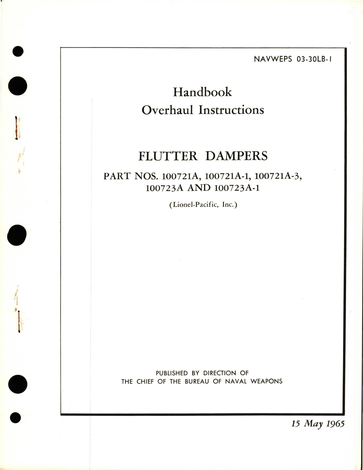 Sample page 1 from AirCorps Library document: Overhaul Instructions for Flutter Dampers - Parts 100721A, 100721A-1, 100721A-3, 100723A, and 100723A-1