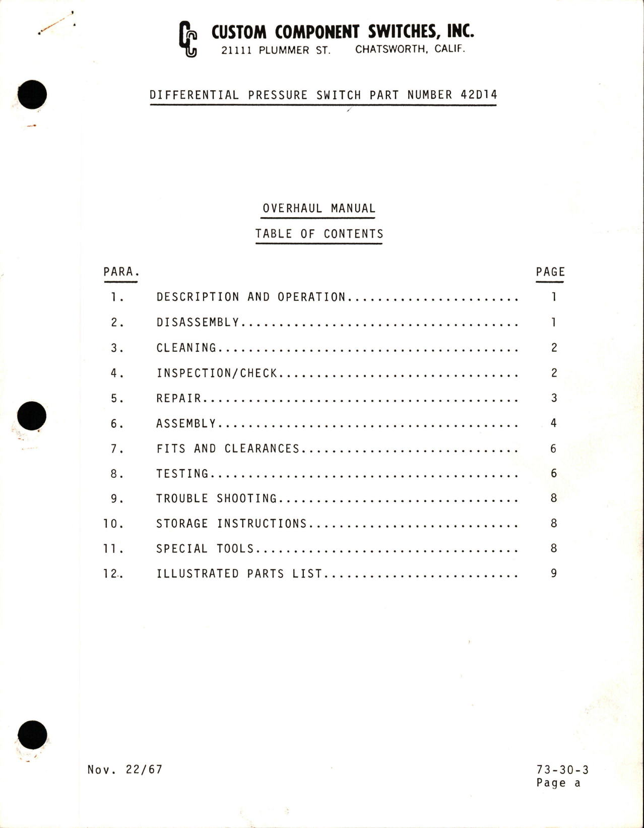 Sample page 1 from AirCorps Library document: Overhaul Manual for Differential Pressure Switch - Part 42D14 