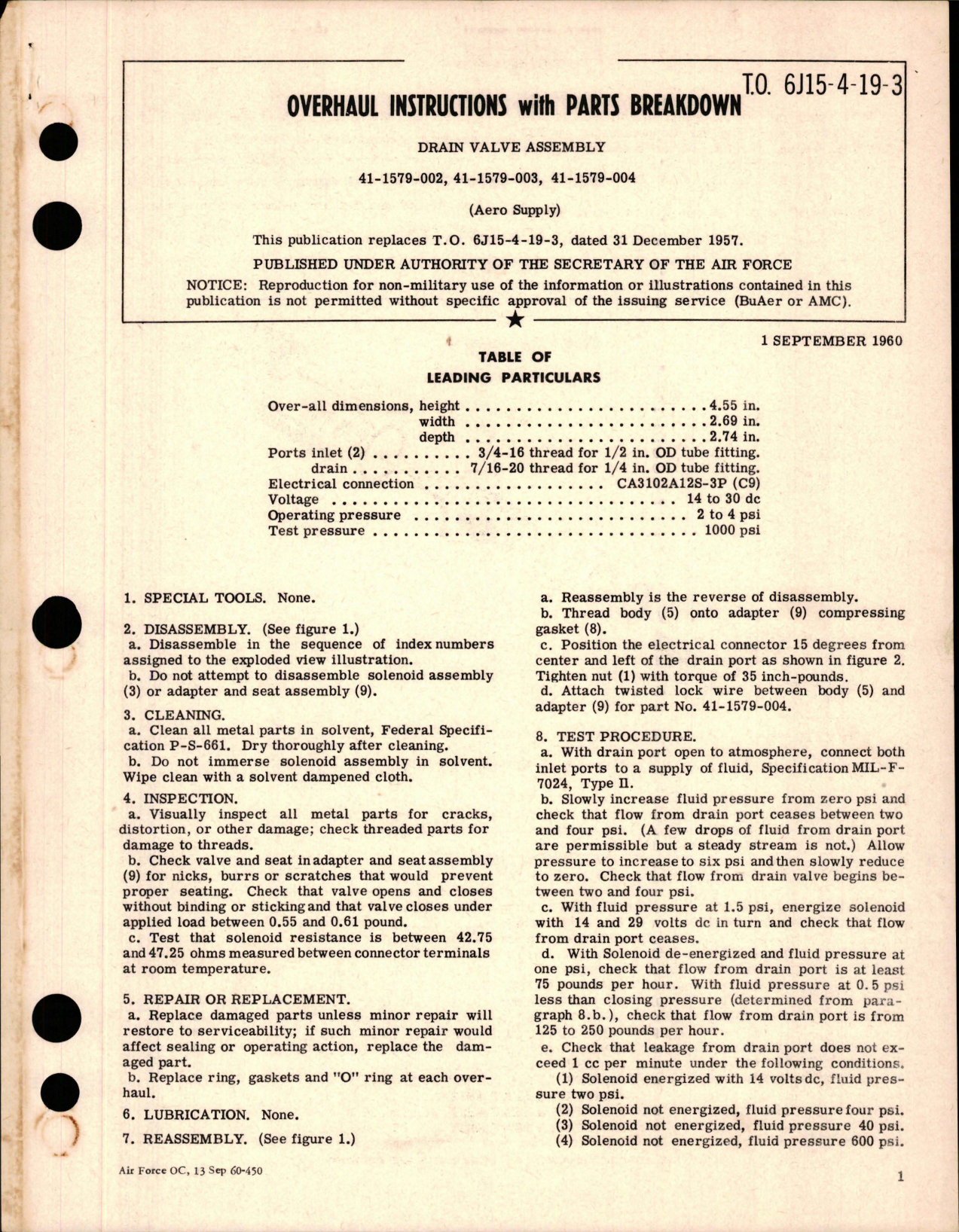 Sample page 1 from AirCorps Library document: Overhaul Instructions with Parts Breakdown for Drain Valve Assembly - 41-1579-002, 41-1579-003, and 41-1579-004