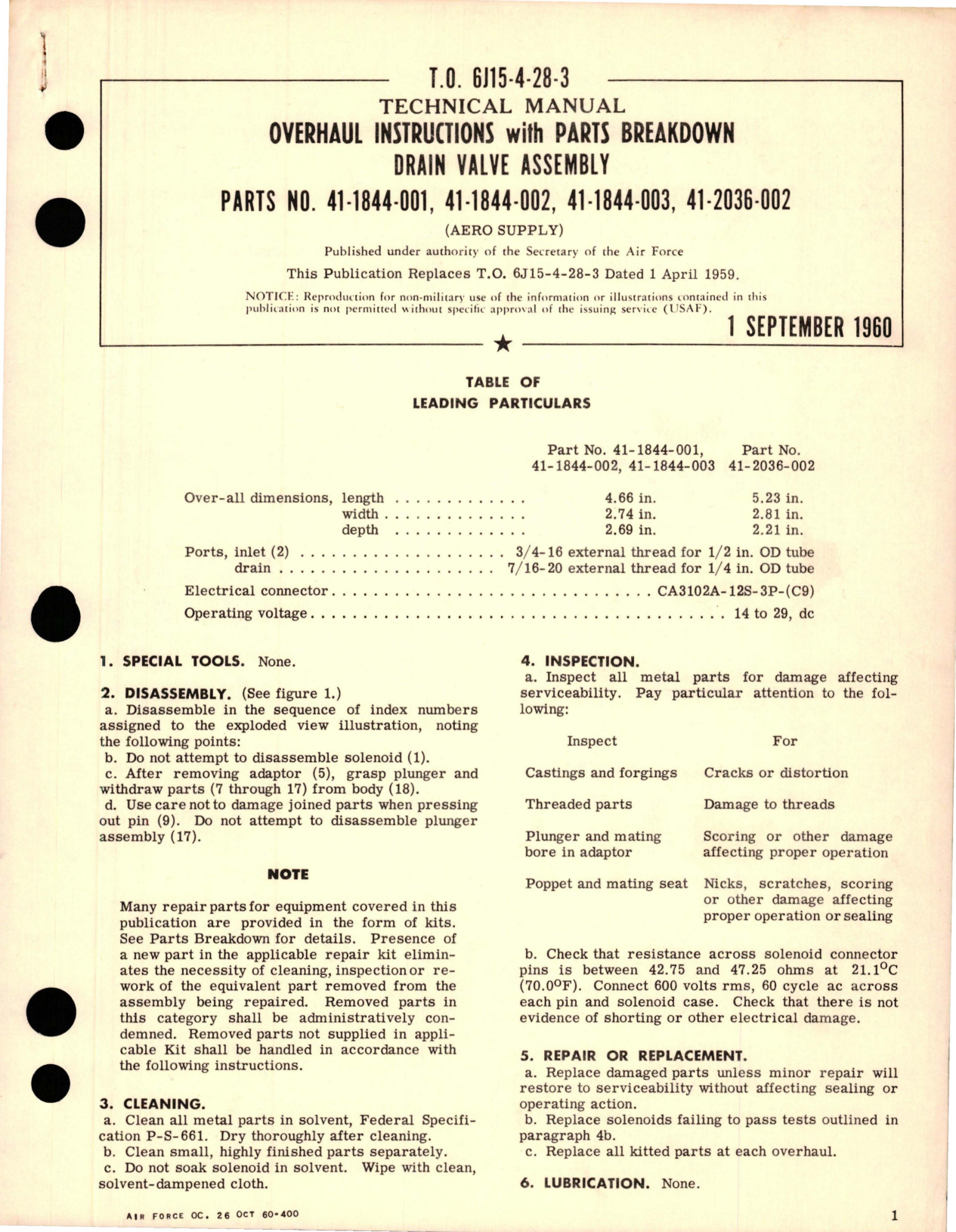 Sample page 1 from AirCorps Library document: Overhaul Instructions with Parts Breakdown for Drain Valve Assembly - Parts 41-1844-001, 41-1844-002, 41-1844-003, and 41-2036-002