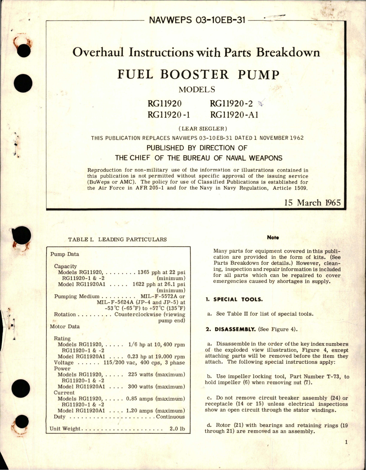 Sample page 1 from AirCorps Library document: Overhaul Instructions with Parts Breakdown for Fuel Booster Pump - Models RG11920, RG11920-1, RG11920-2, and RG11920-A1