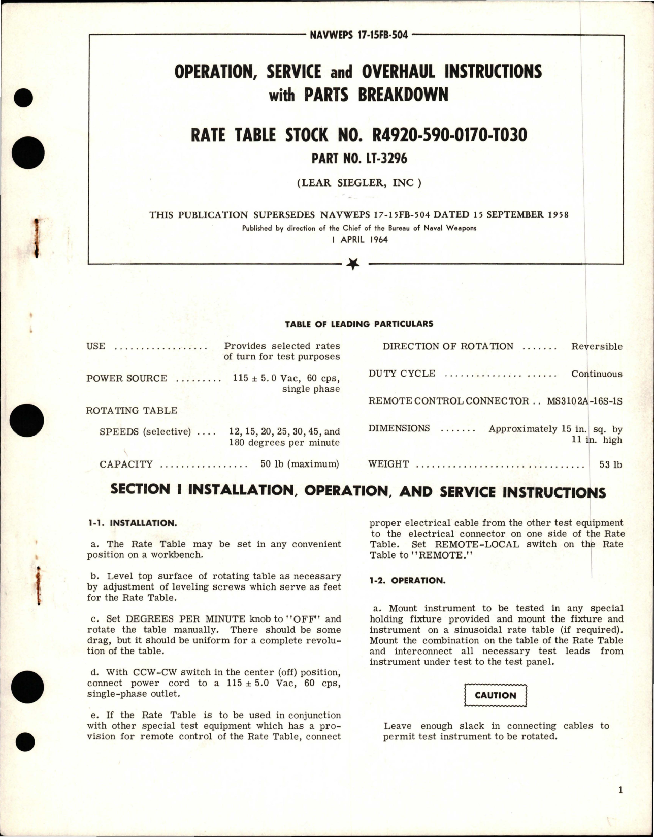 Sample page 1 from AirCorps Library document: Operation, Service and Overhaul Instructions with Parts Breakdown for Rate Table Stock R4920-590-0170-TO30 - Part LT-3296 