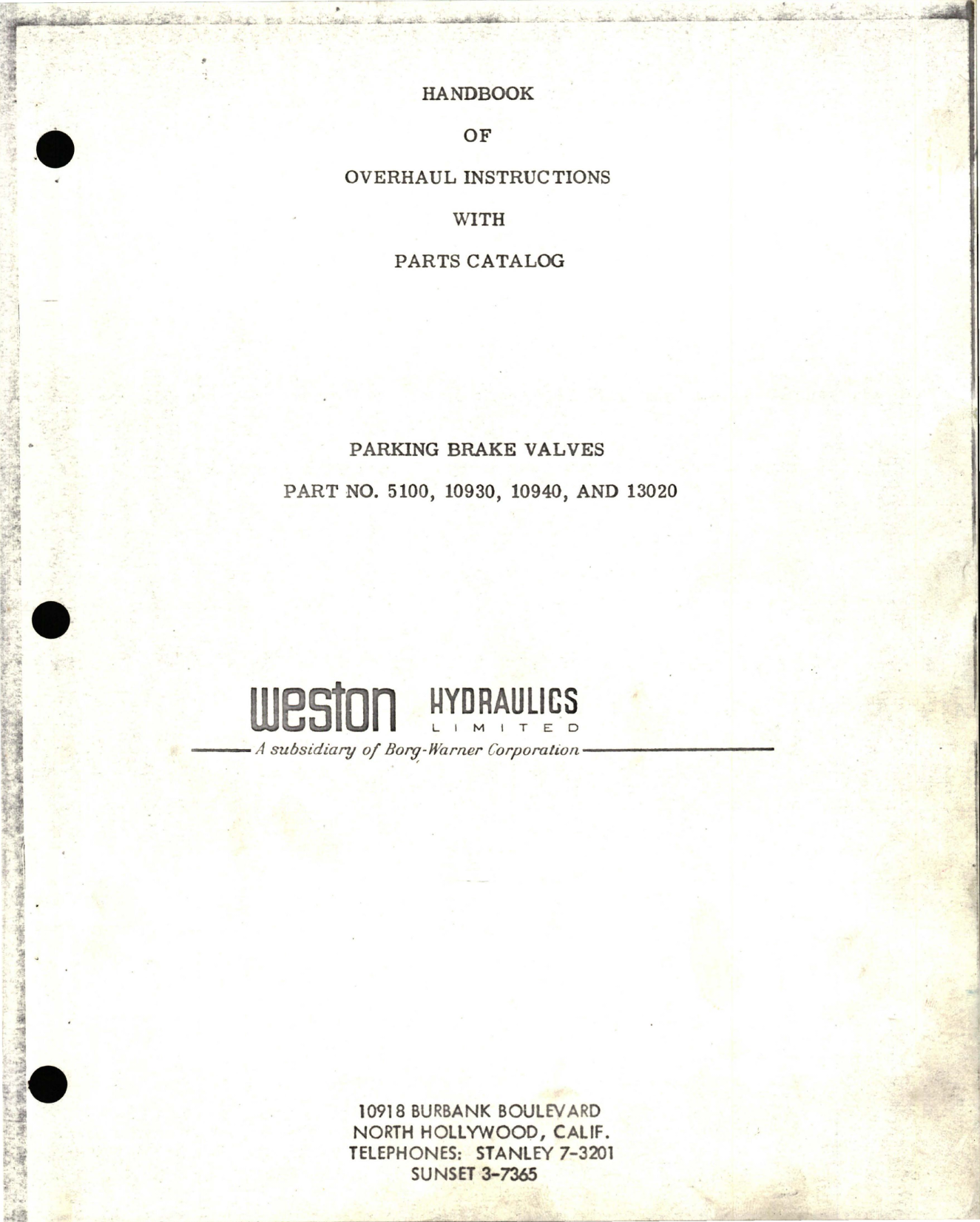 Sample page 1 from AirCorps Library document: Overhaul Instructions with Parts Catalog for Parking Brake Valves - Parts 5100, 10930, 10940, and 13020