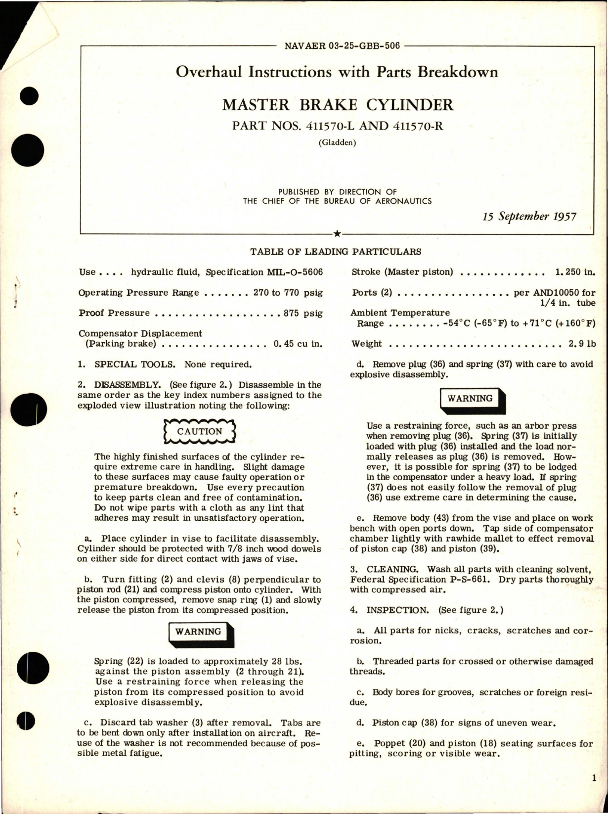 Sample page 1 from AirCorps Library document: Overhaul Instructions with Parts Breakdown for Master Brake Cylinder - Parts 411570-L and 411570-R