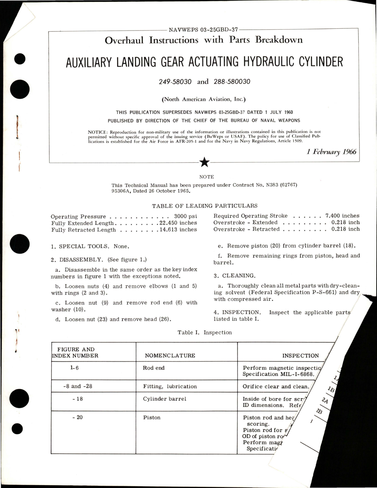 Sample page 1 from AirCorps Library document: Overhaul Instructions with Parts Breakdown for Auxiliary Landing Gear Actuating Hydraulic Cylinder - 249-58030 and 288-580030 