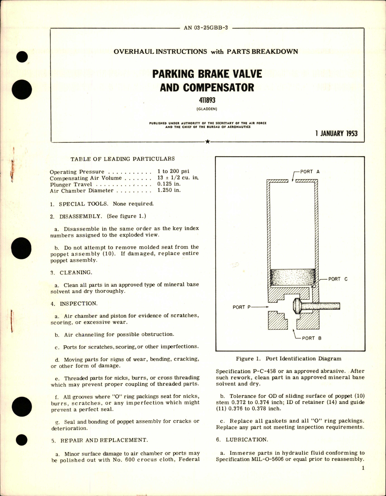 Sample page 1 from AirCorps Library document: Overhaul Instructions with Parts Breakdown for Parking Brake Valve and Compensator - 411893