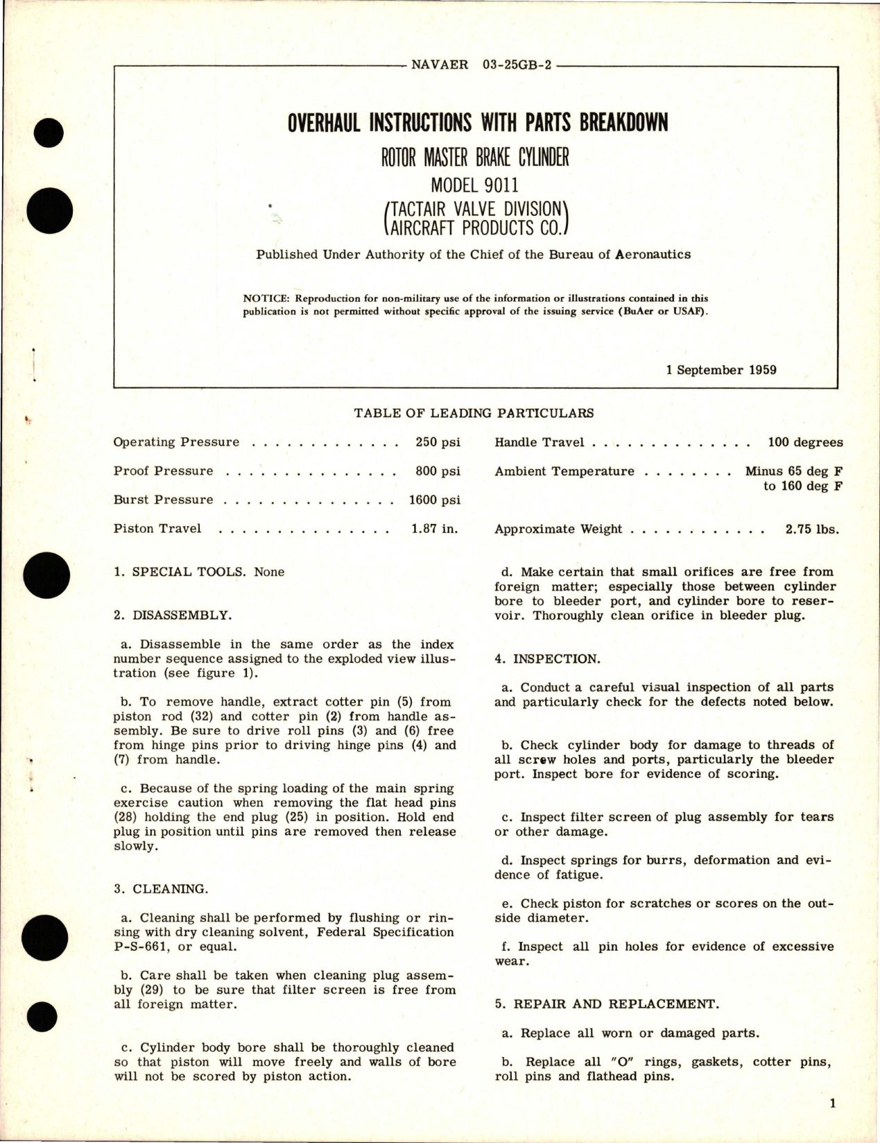 Sample page 1 from AirCorps Library document: Overhaul Instructions wIth Parts Breakdown for Rotor Master Brake Cylinder - Model 9011