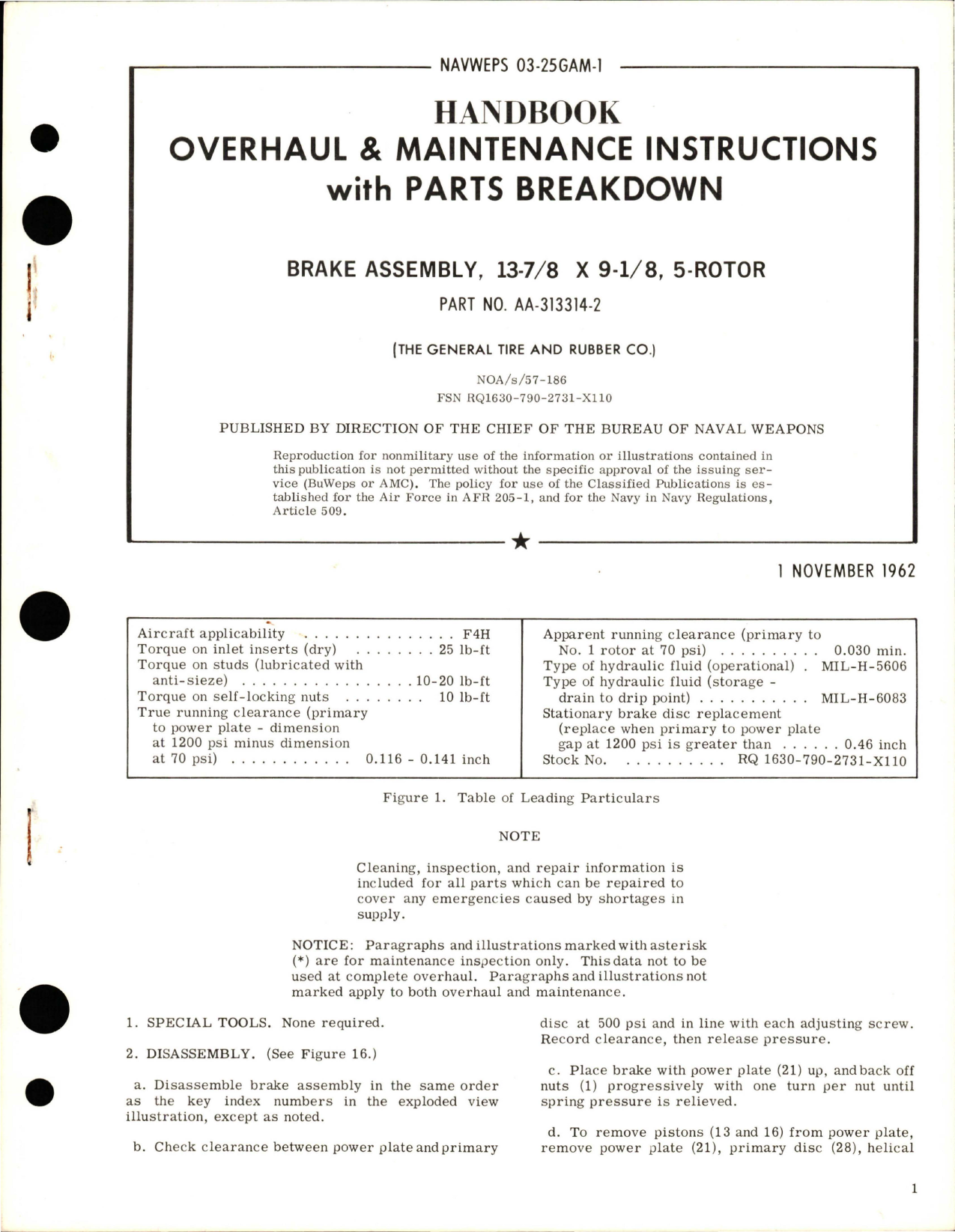 Sample page 1 from AirCorps Library document: Overhaul and Maintenance Instructions with Parts Breakdown for 5-Rotor Brake Assembly - 13 7/8 x 9 1/8 - Part AA-313314-2