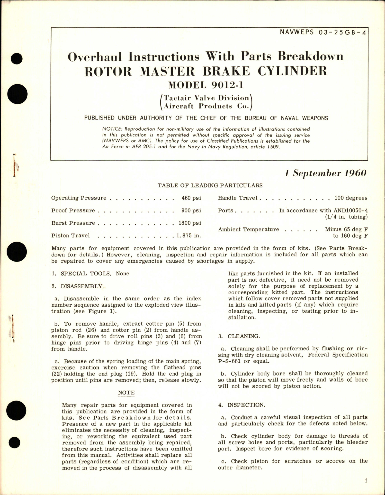 Sample page 1 from AirCorps Library document: Overhaul Instructions with Parts Breakdown for Rotor Master Brake Cylinder - Model 9012-1