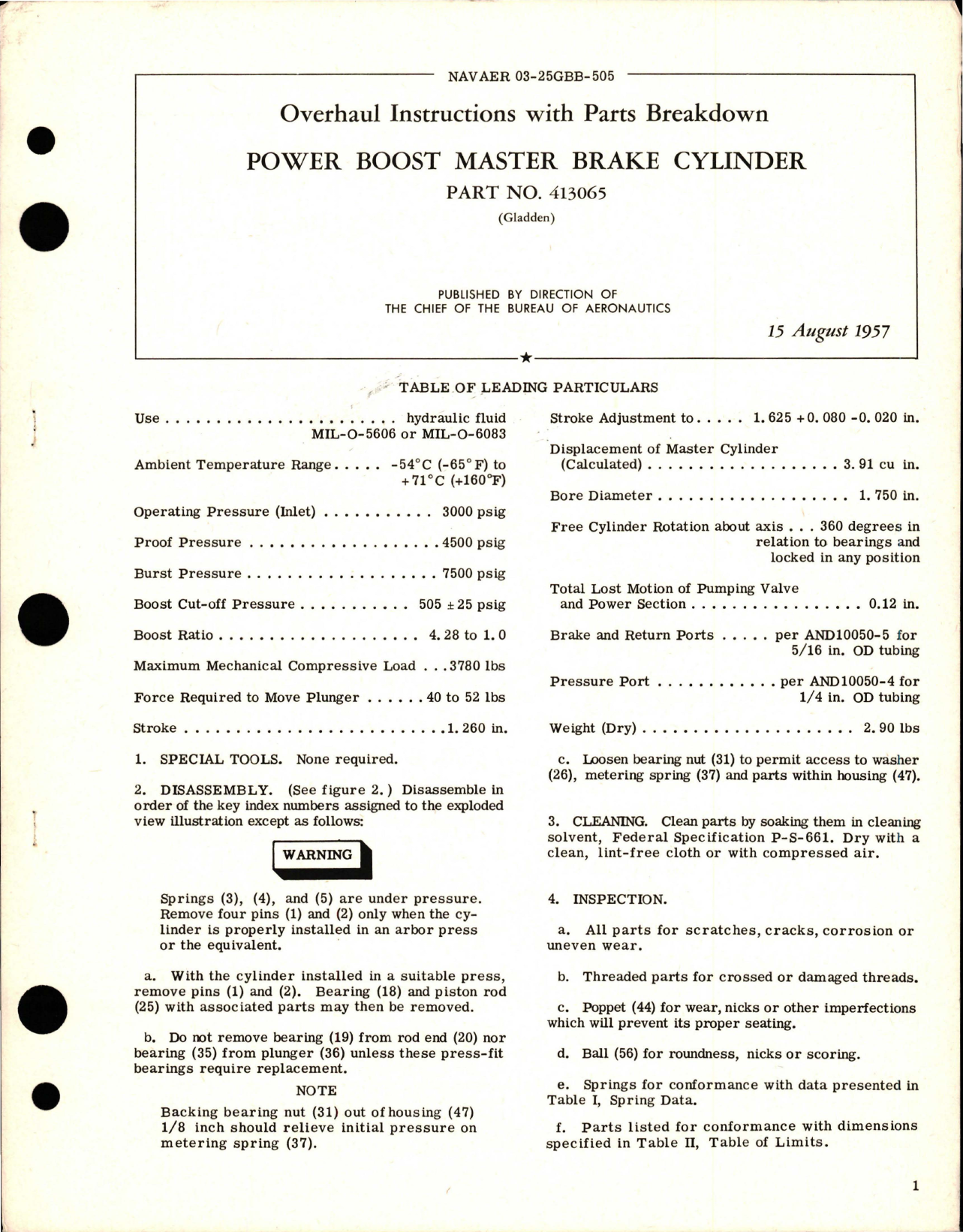 Sample page 1 from AirCorps Library document: Overhaul Instructions with Parts Breakdown for Power Boost Master Brake Cylinder - Part 413065