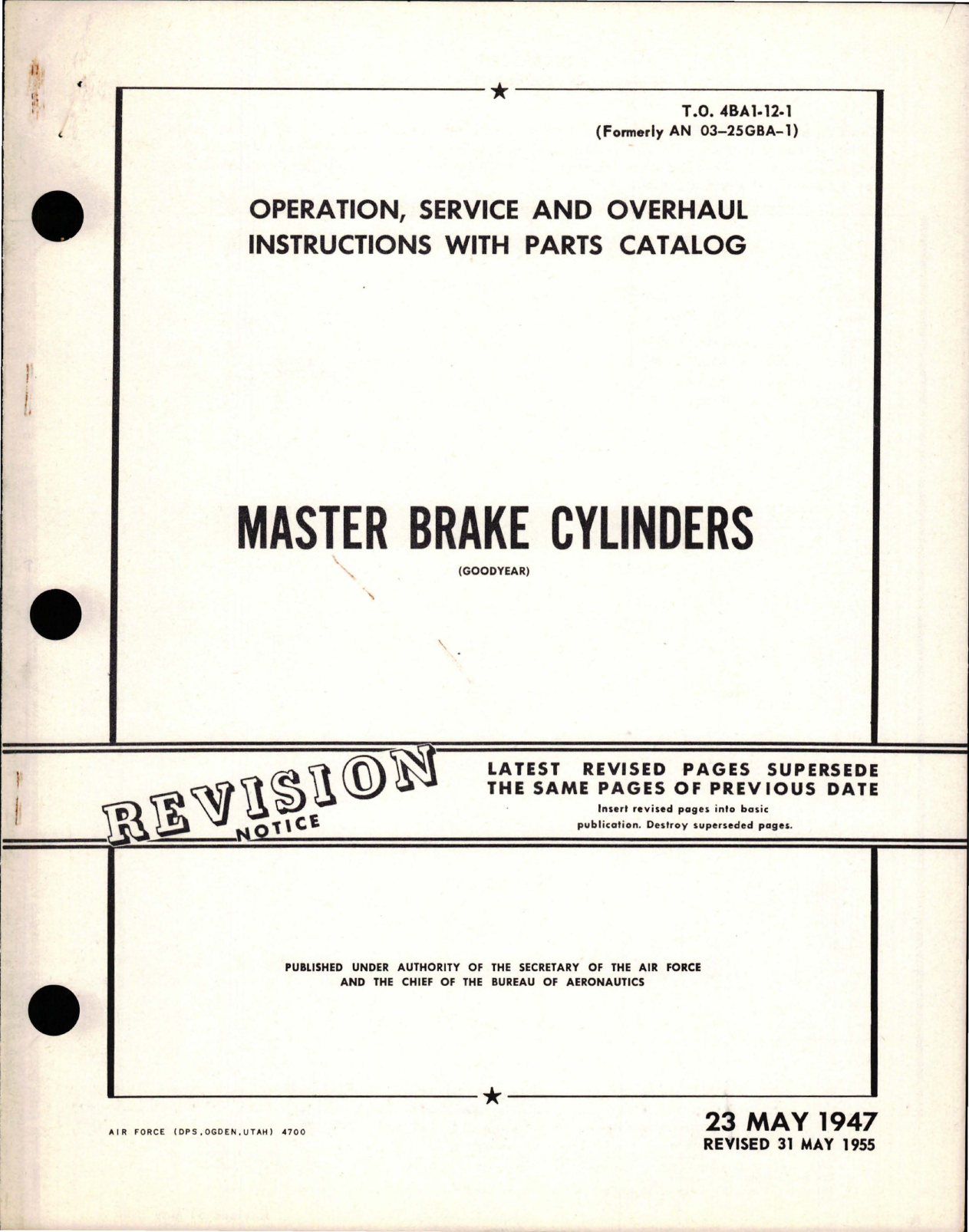 Sample page 1 from AirCorps Library document: Operation, Service and Overhaul Instructions with Parts Catalog for Master Brake Cylinders