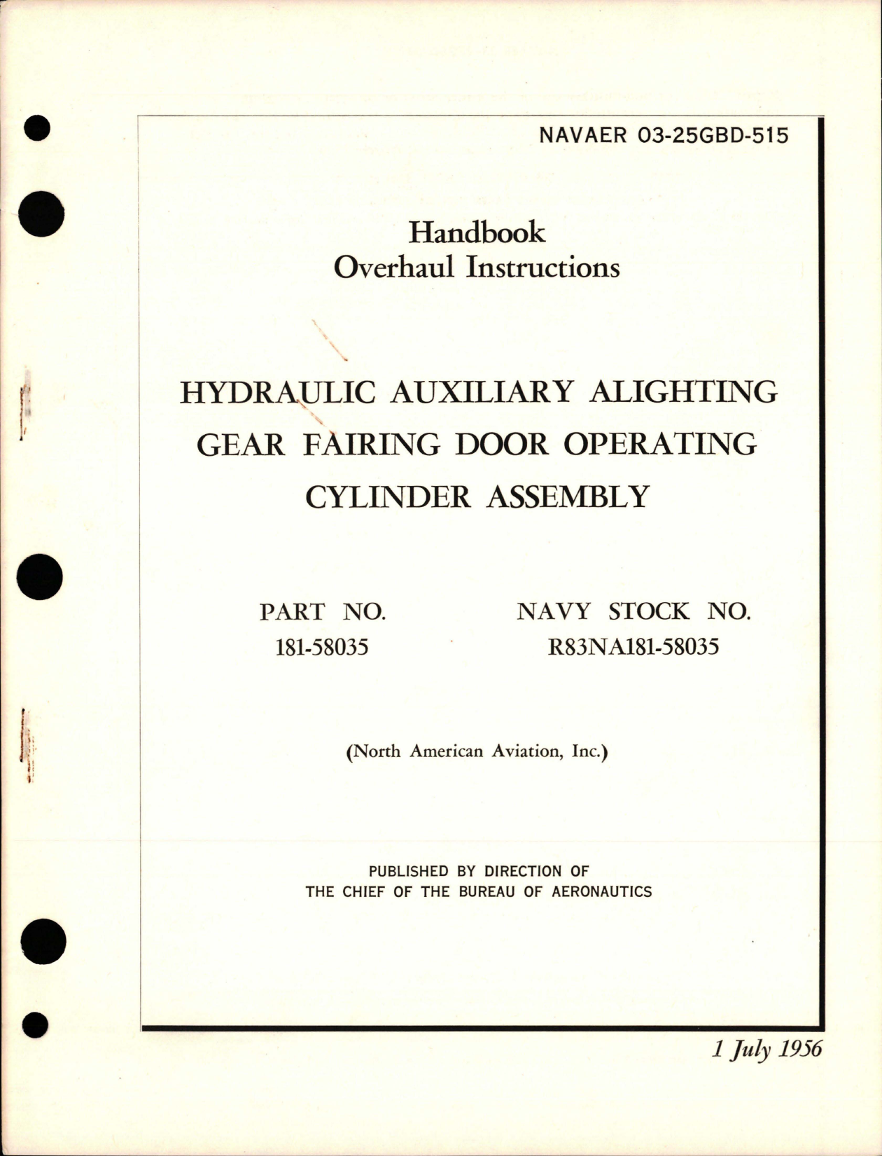 Sample page 1 from AirCorps Library document: Overhaul Instructions for Hydraulic Auxiliary Alighting Gear Fairing Door Operating Cylinder Assembly - Part 181-58035