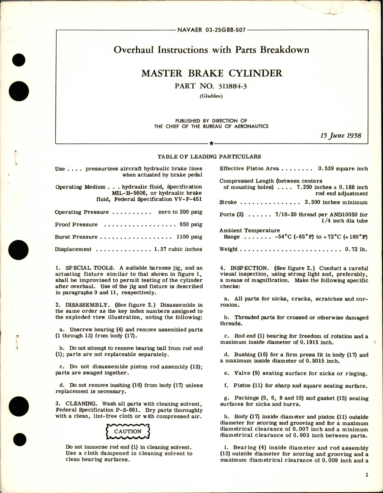 Sample page 1 from AirCorps Library document: Overhaul Instructions with Parts Breakdown for Master Brake Cylinder - Part 311884-3