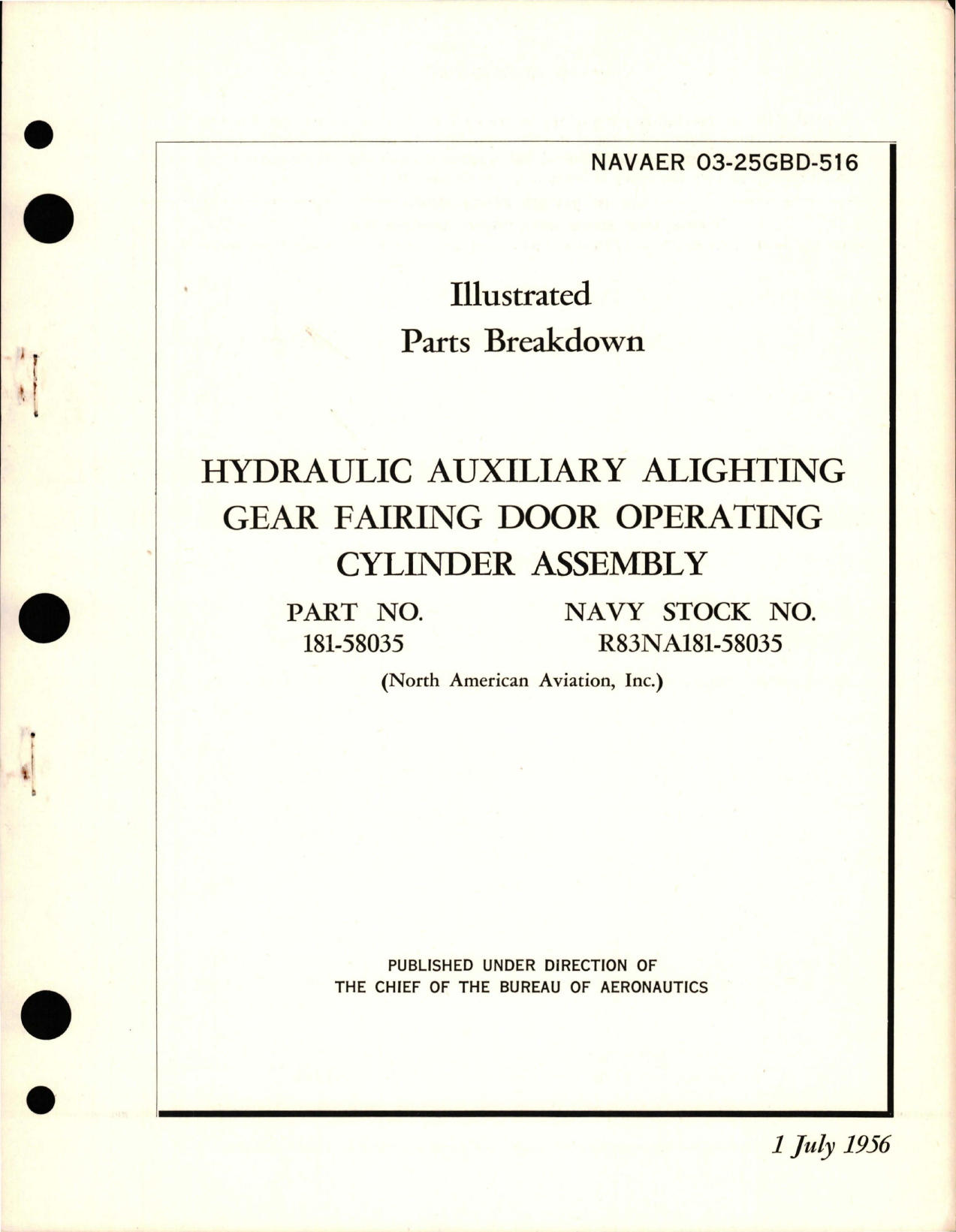 Sample page 1 from AirCorps Library document: Illustrated Parts Breakdown for Hydraulic Auxiliary Alighting Gear Fairing Door Operating Cylinder Assembly - Part 181-58035