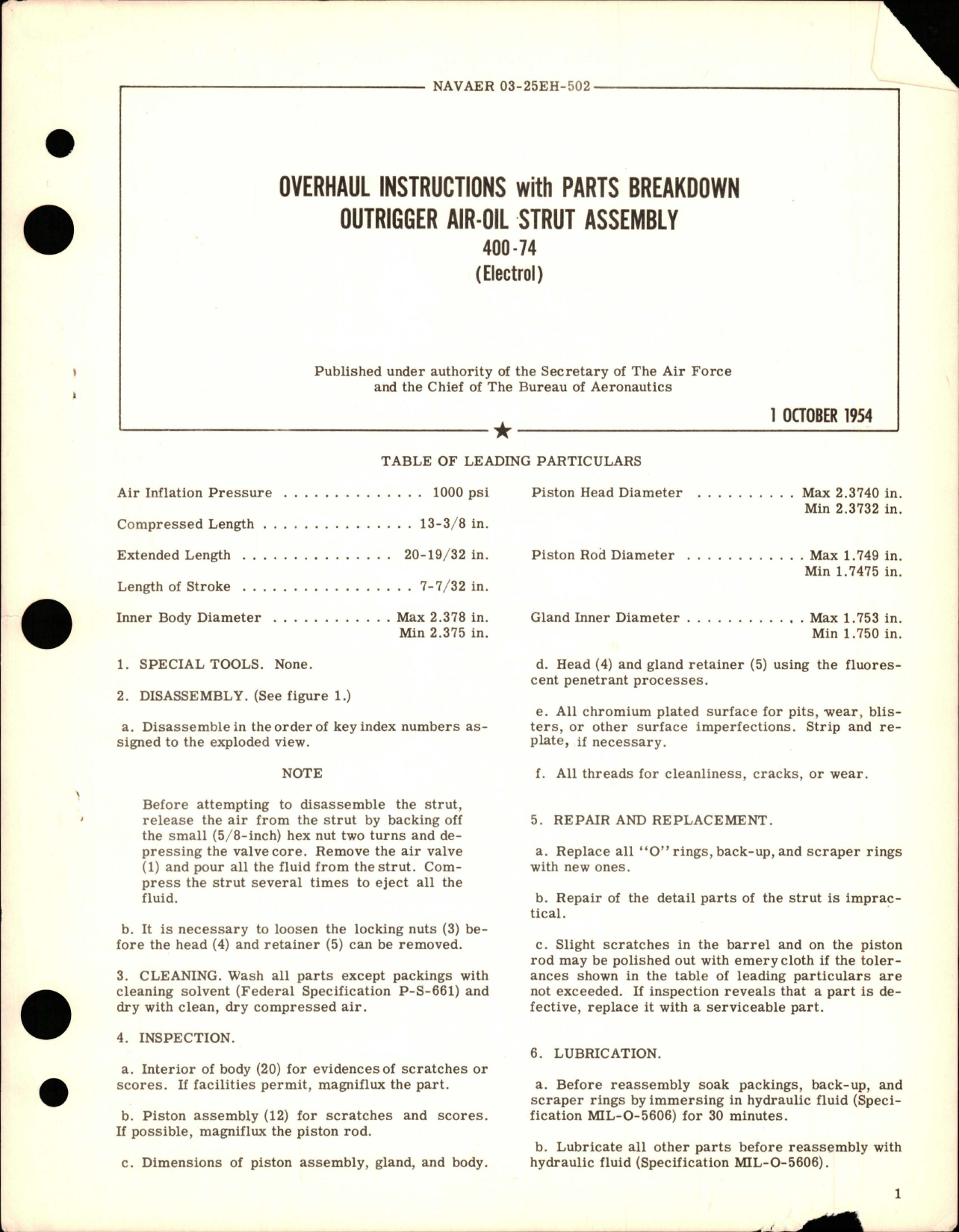 Sample page 1 from AirCorps Library document: Overhaul Instructions with Parts Breakdown for Outrigger Air-Oil Strut Assembly - 400-74 