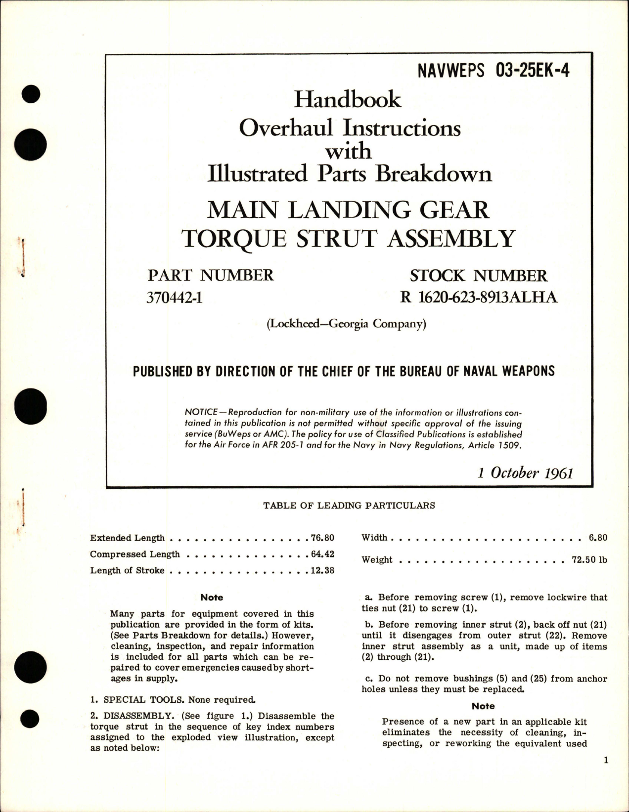 Sample page 1 from AirCorps Library document: Overhaul Instructions with Illustrated Parts Breakdown for Main Landing Gear Torque Strut Assembly - Part 370442-1